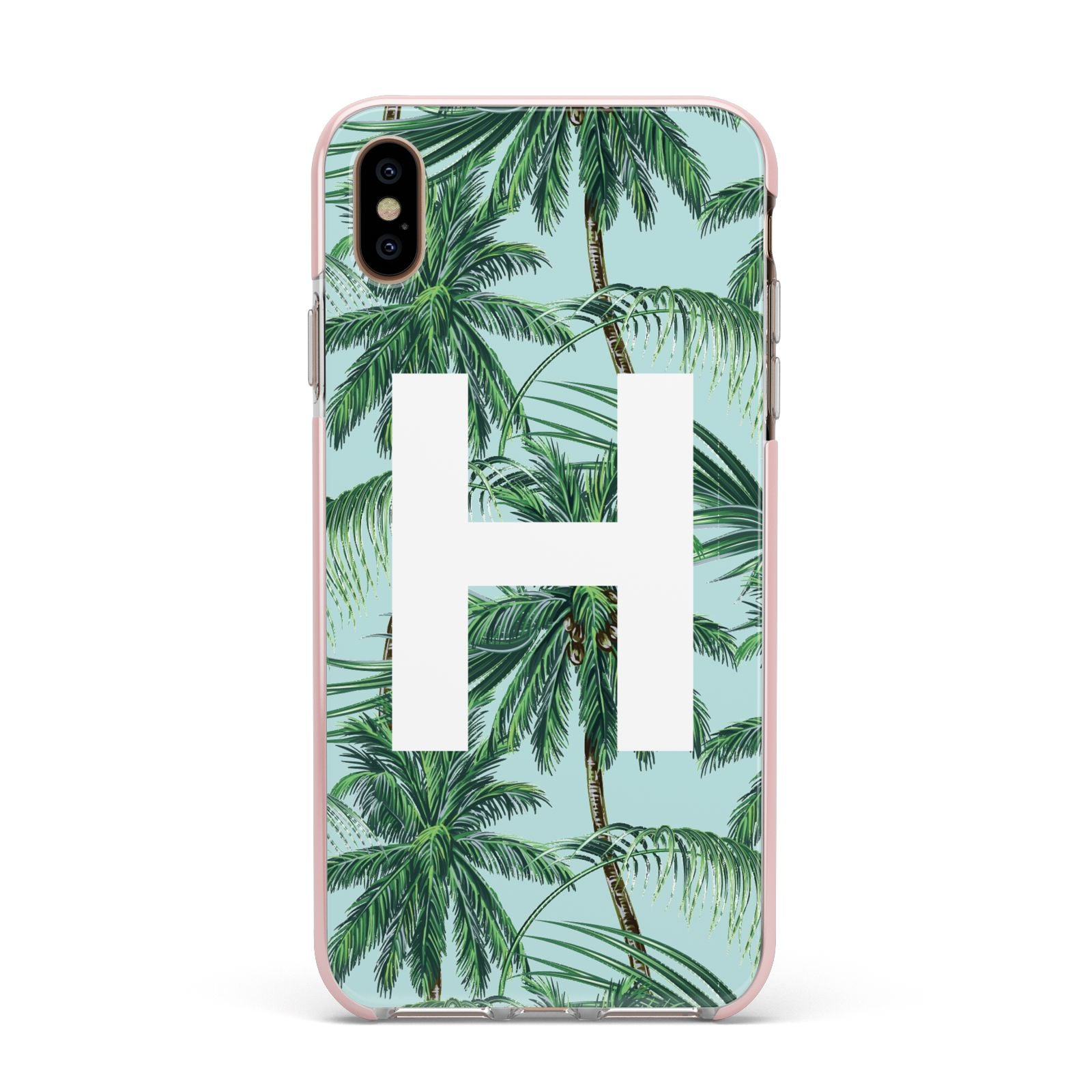 Personalised Palm Tree Tropical Apple iPhone Xs Max Impact Case Pink Edge on Gold Phone