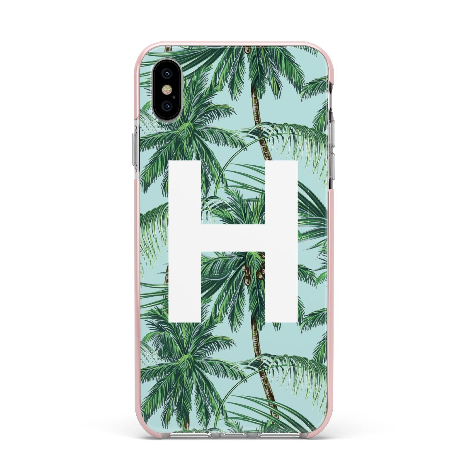 Personalised Palm Tree Tropical Apple iPhone Xs Max Impact Case Pink Edge on Silver Phone