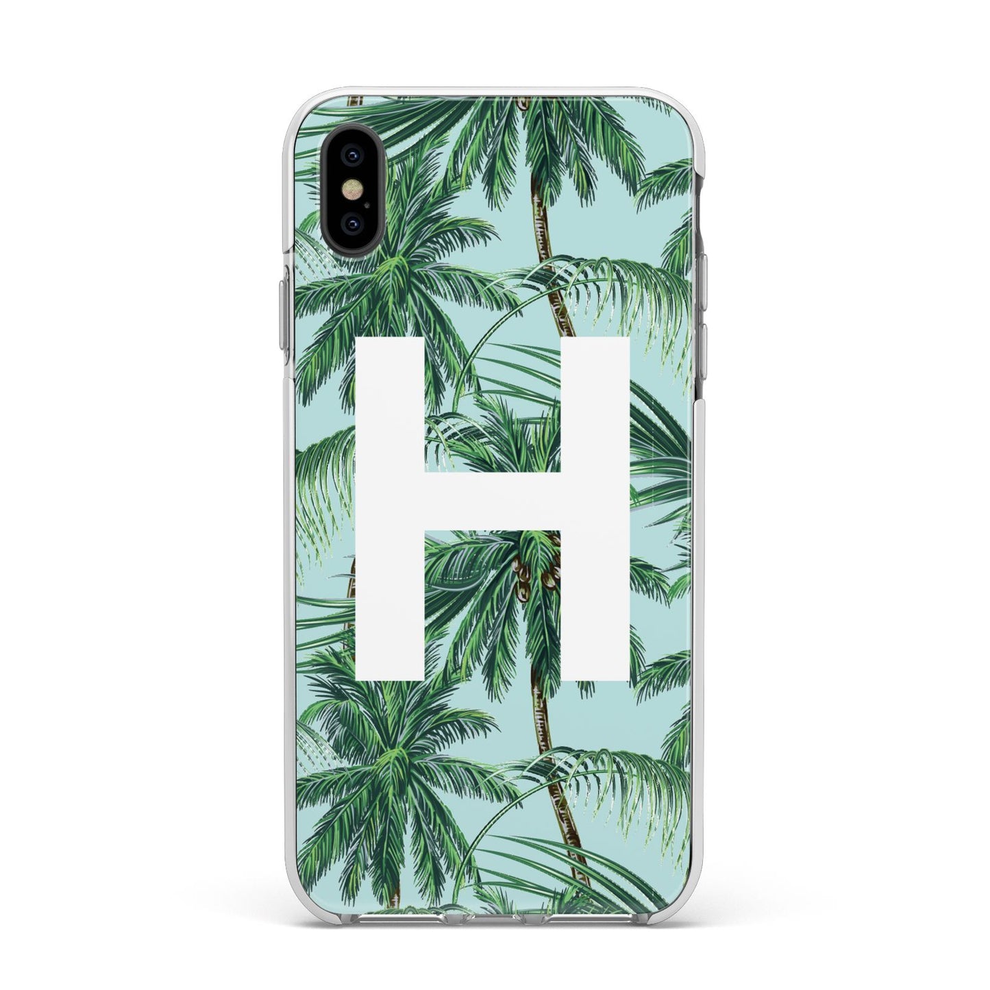 Personalised Palm Tree Tropical Apple iPhone Xs Max Impact Case White Edge on Black Phone