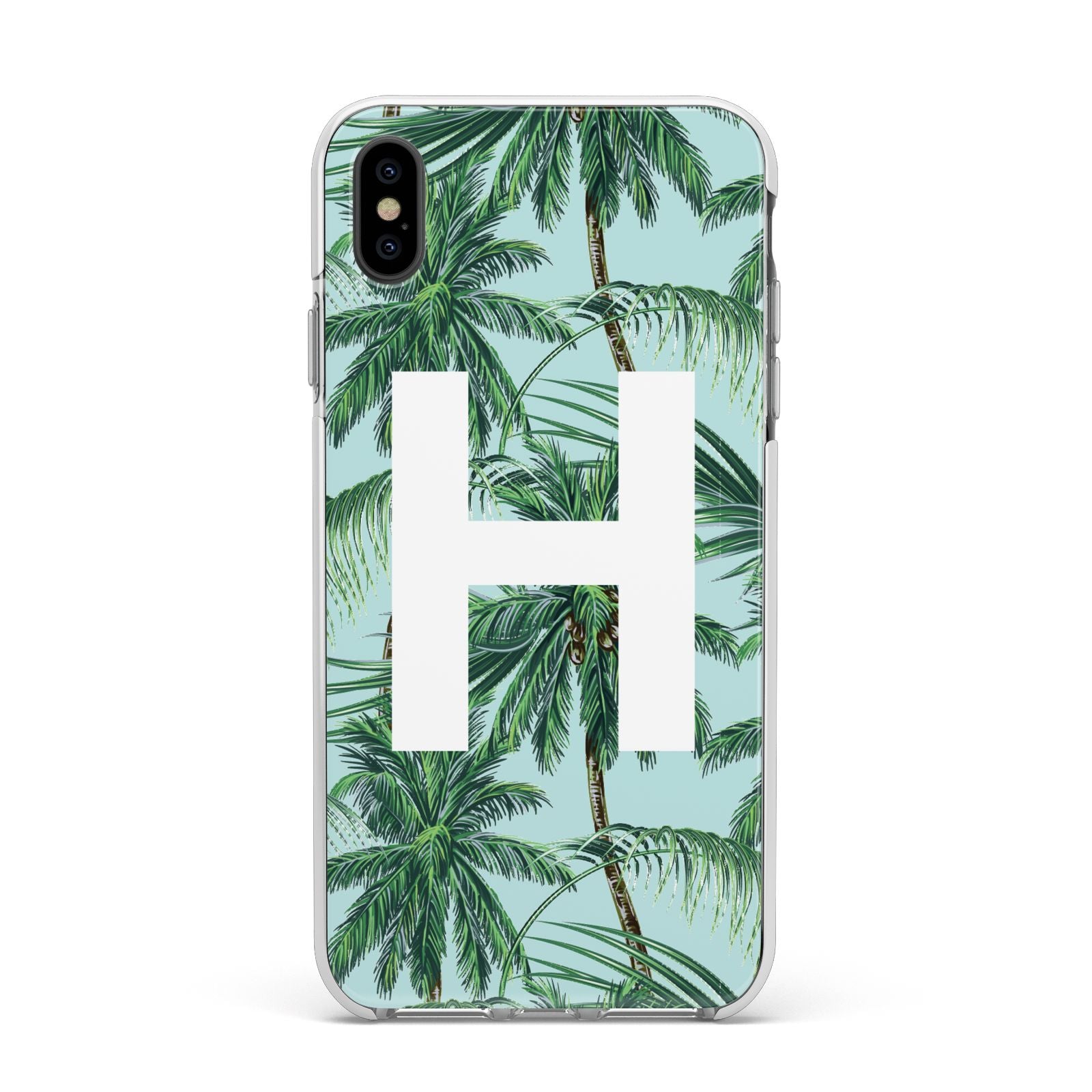 Personalised Palm Tree Tropical Apple iPhone Xs Max Impact Case White Edge on Black Phone