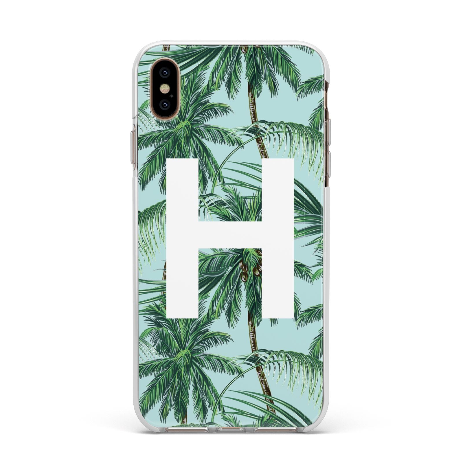 Personalised Palm Tree Tropical Apple iPhone Xs Max Impact Case White Edge on Gold Phone