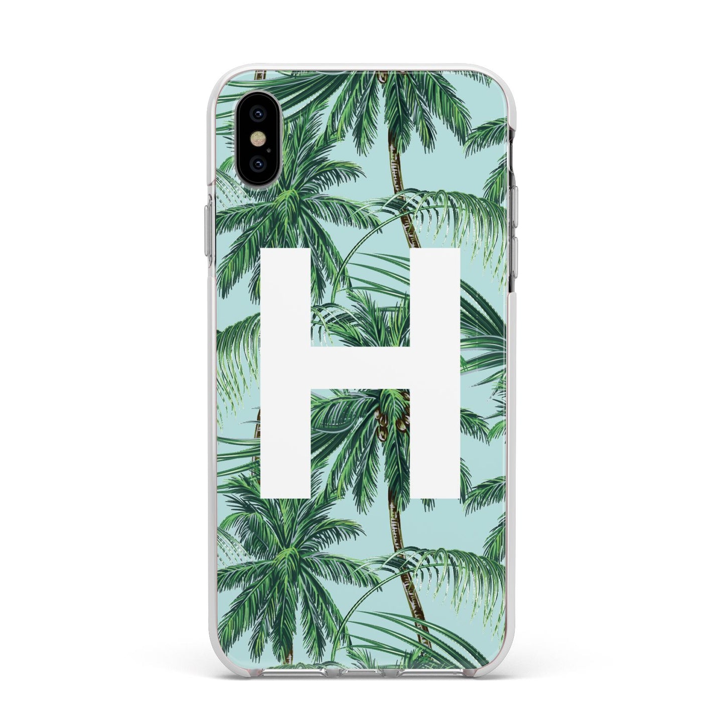 Personalised Palm Tree Tropical Apple iPhone Xs Max Impact Case White Edge on Silver Phone