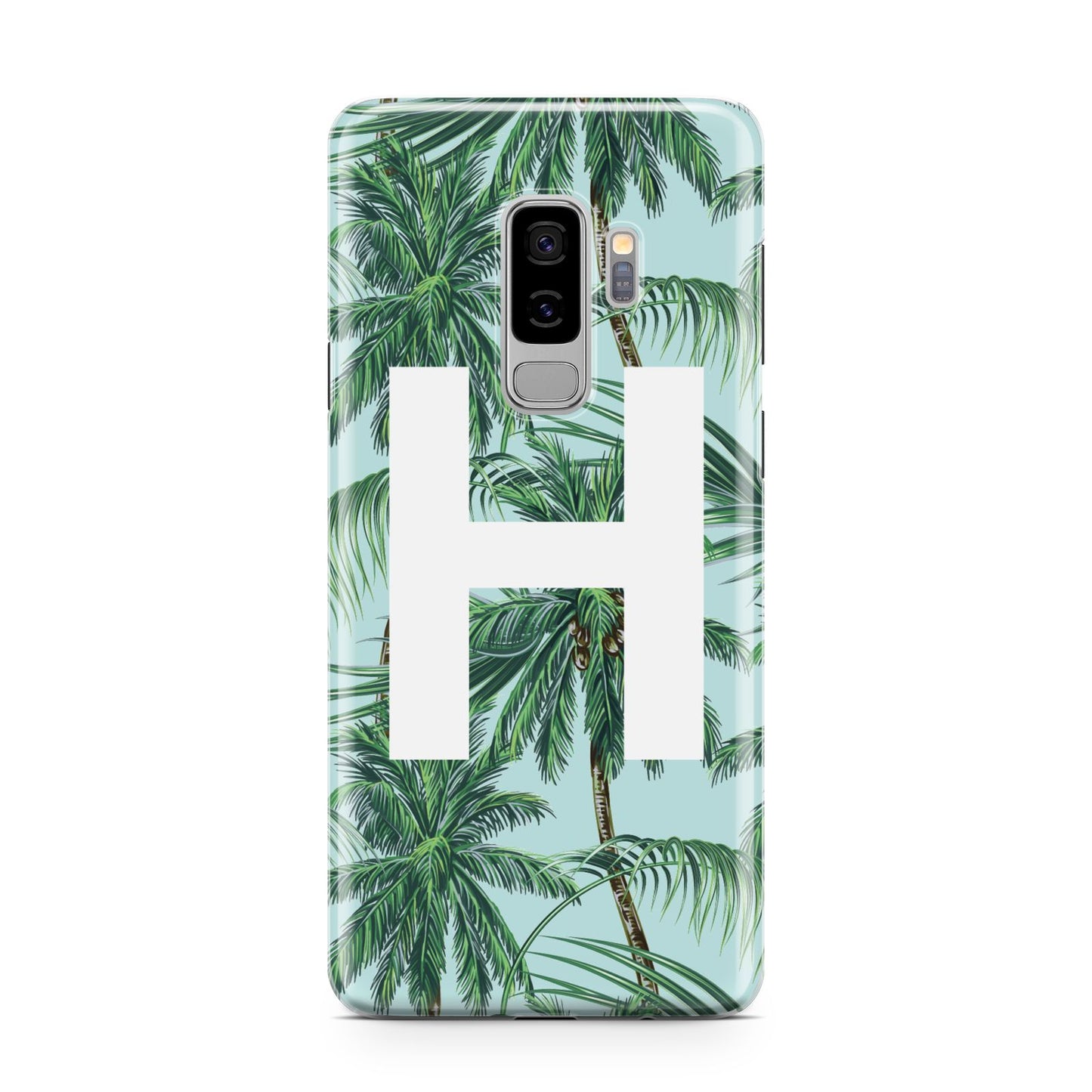 Personalised Palm Tree Tropical Samsung Galaxy S9 Plus Case on Silver phone