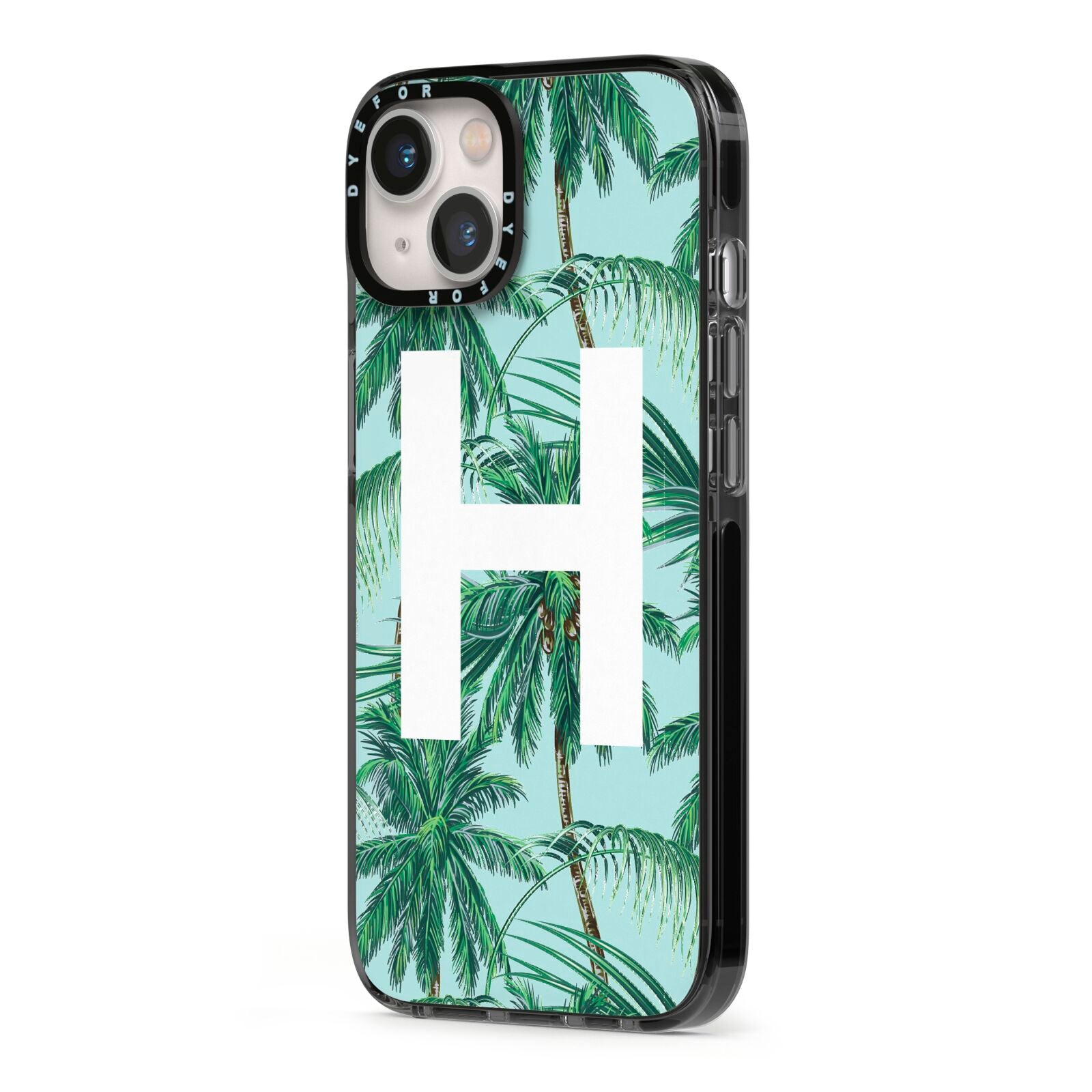 Personalised Palm Tree Tropical iPhone 13 Black Impact Case Side Angle on Silver phone