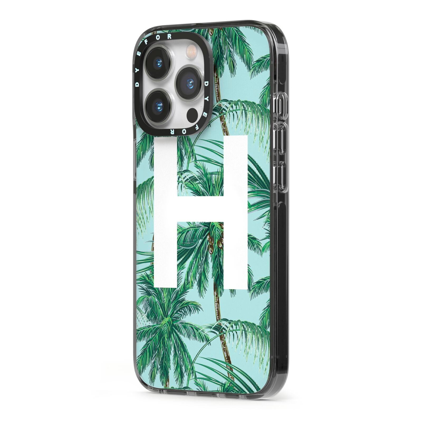 Personalised Palm Tree Tropical iPhone 13 Pro Black Impact Case Side Angle on Silver phone