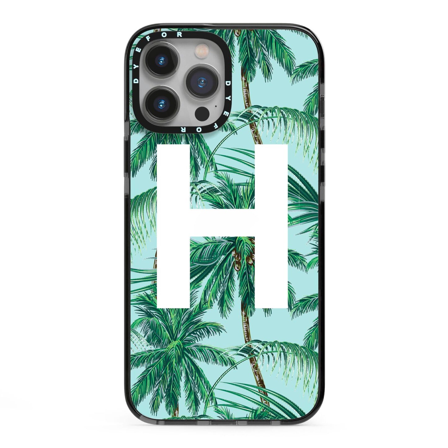 Personalised Palm Tree Tropical iPhone 13 Pro Max Black Impact Case on Silver phone