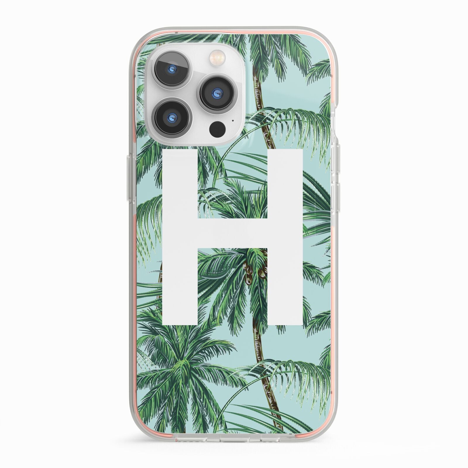 Personalised Palm Tree Tropical iPhone 13 Pro TPU Impact Case with Pink Edges