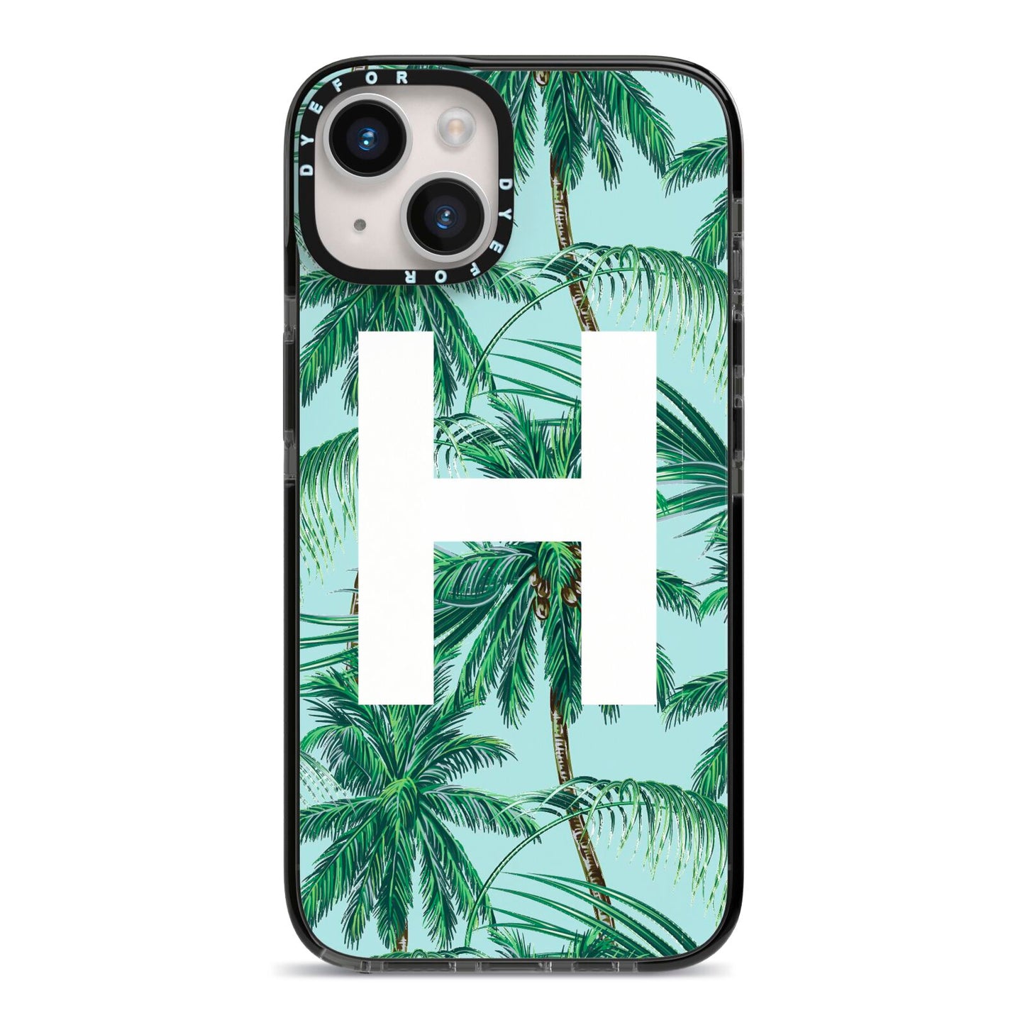 Personalised Palm Tree Tropical iPhone 14 Black Impact Case on Silver phone