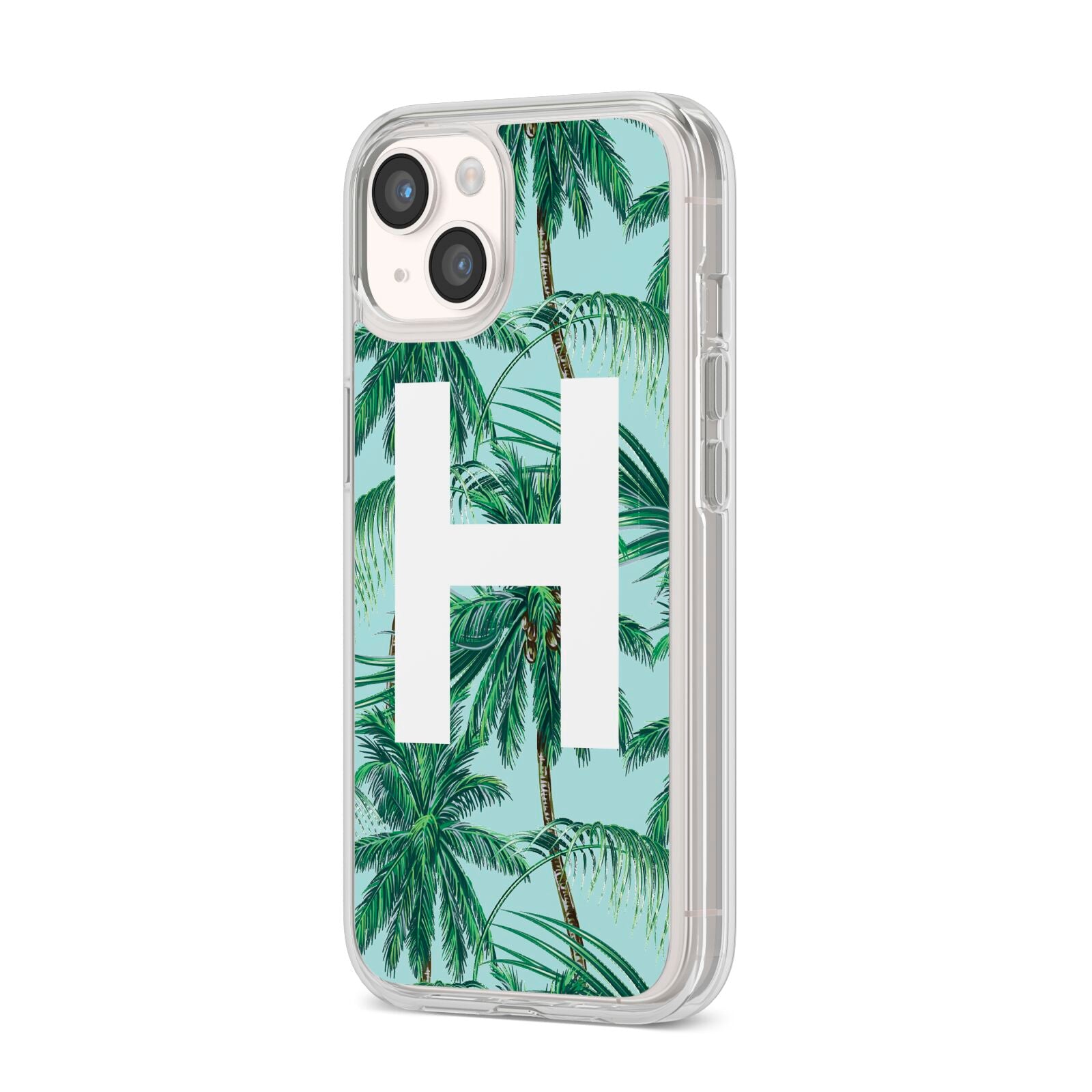 Personalised Palm Tree Tropical iPhone 14 Clear Tough Case Starlight Angled Image