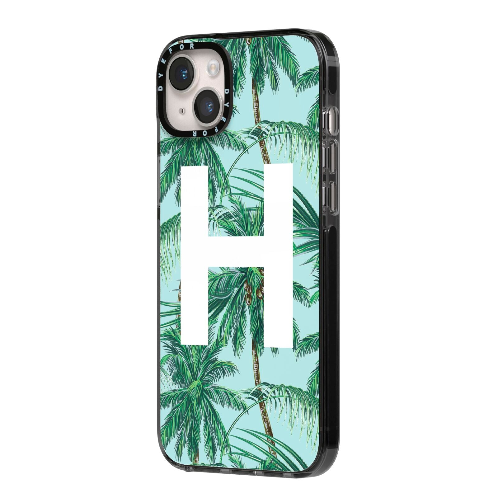 Personalised Palm Tree Tropical iPhone 14 Plus Black Impact Case Side Angle on Silver phone