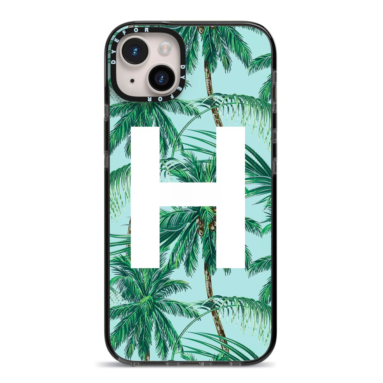 Personalised Palm Tree Tropical iPhone 14 Plus Black Impact Case on Silver phone