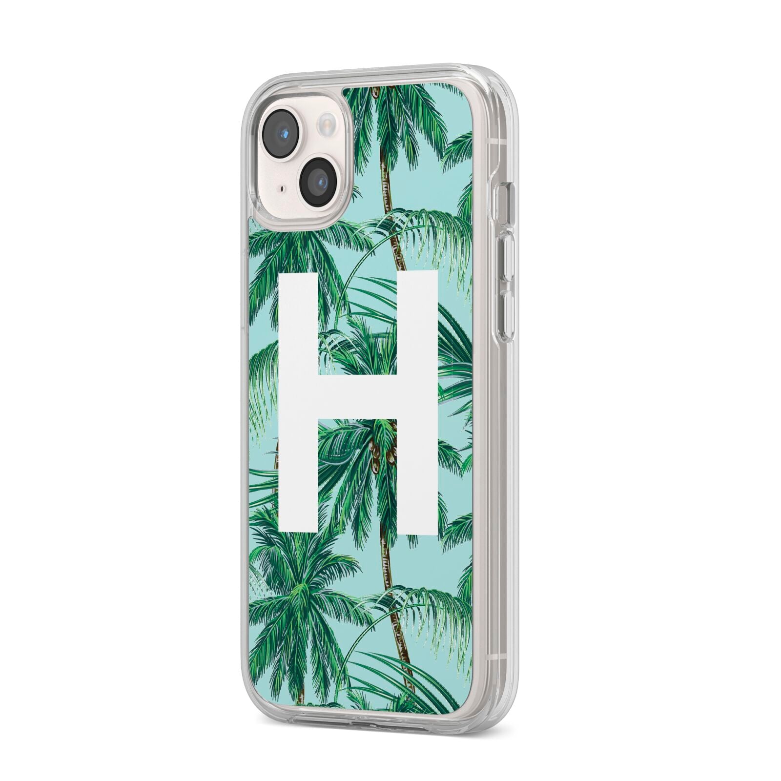 Personalised Palm Tree Tropical iPhone 14 Plus Clear Tough Case Starlight Angled Image