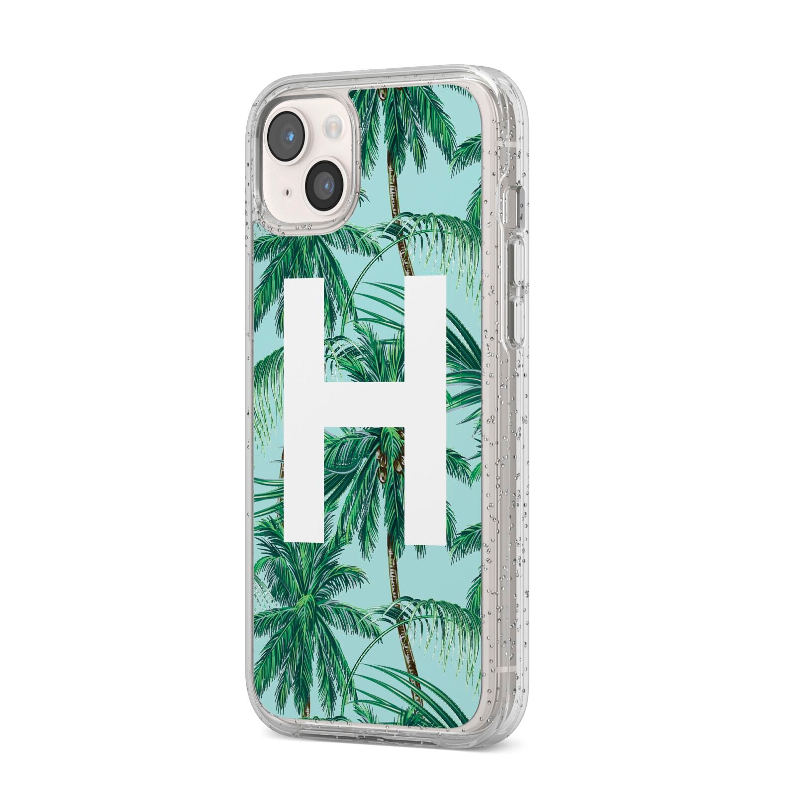 Personalised Palm Tree Tropical iPhone 14 Plus Glitter Tough Case Starlight Angled Image