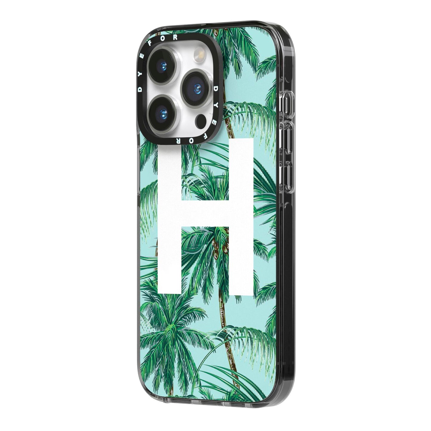 Personalised Palm Tree Tropical iPhone 14 Pro Black Impact Case Side Angle on Silver phone