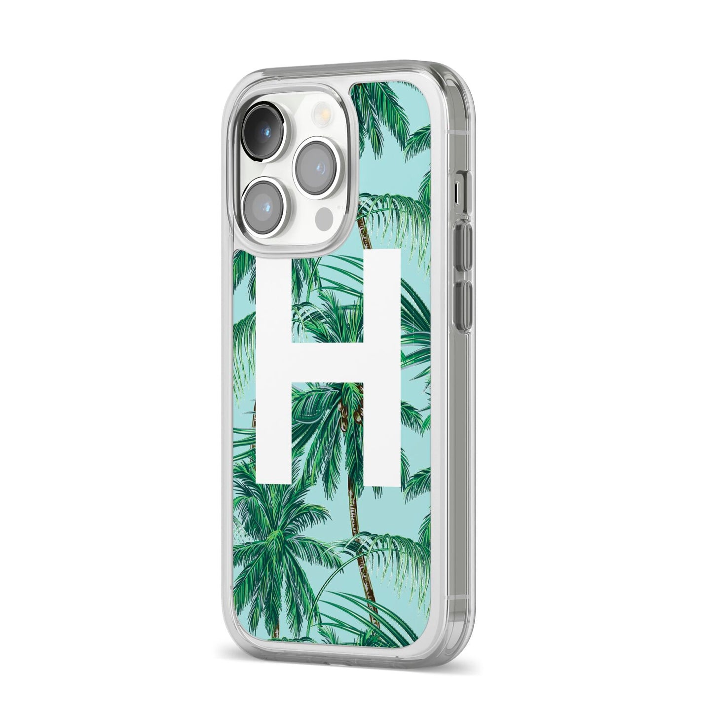 Personalised Palm Tree Tropical iPhone 14 Pro Clear Tough Case Silver Angled Image