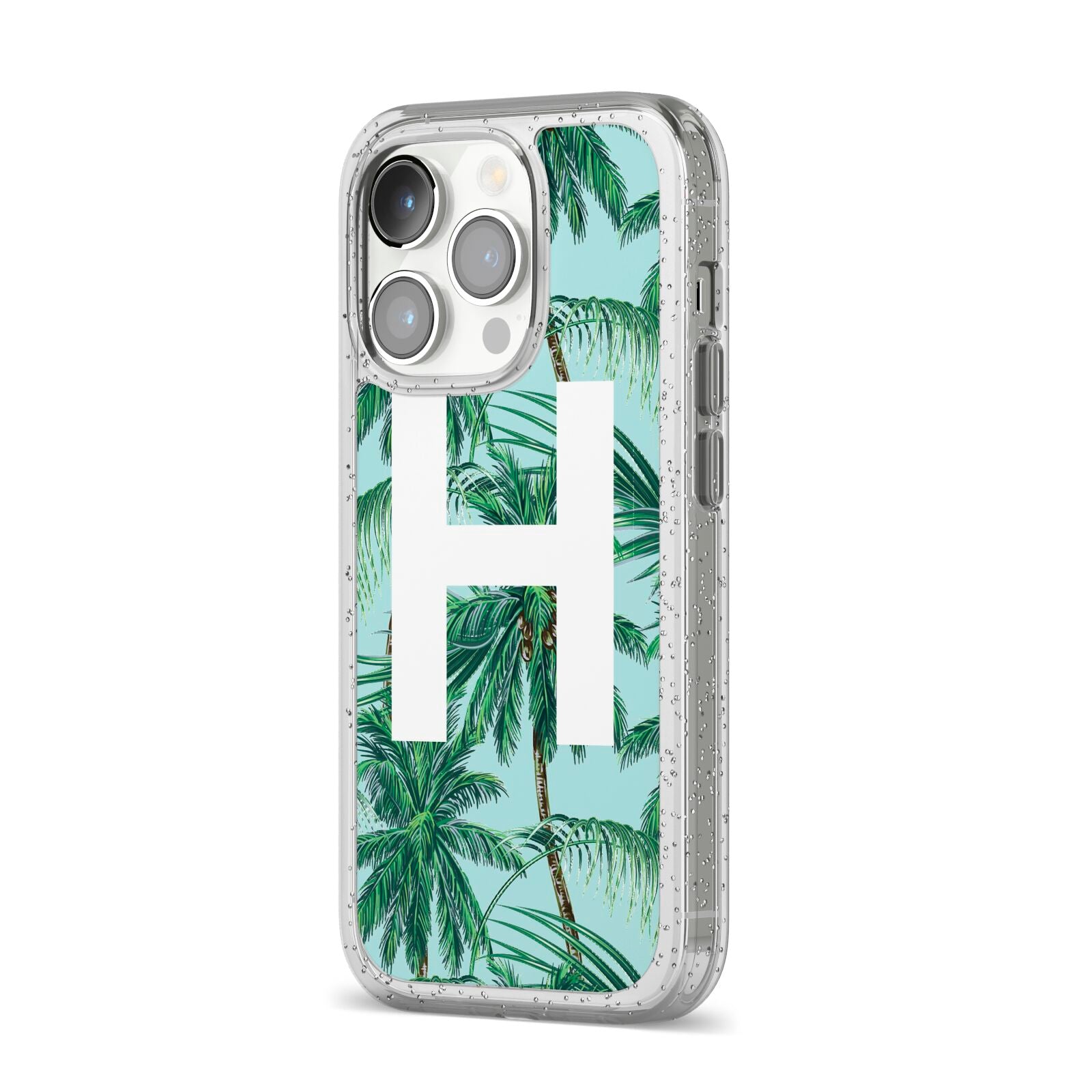 Personalised Palm Tree Tropical iPhone 14 Pro Glitter Tough Case Silver Angled Image