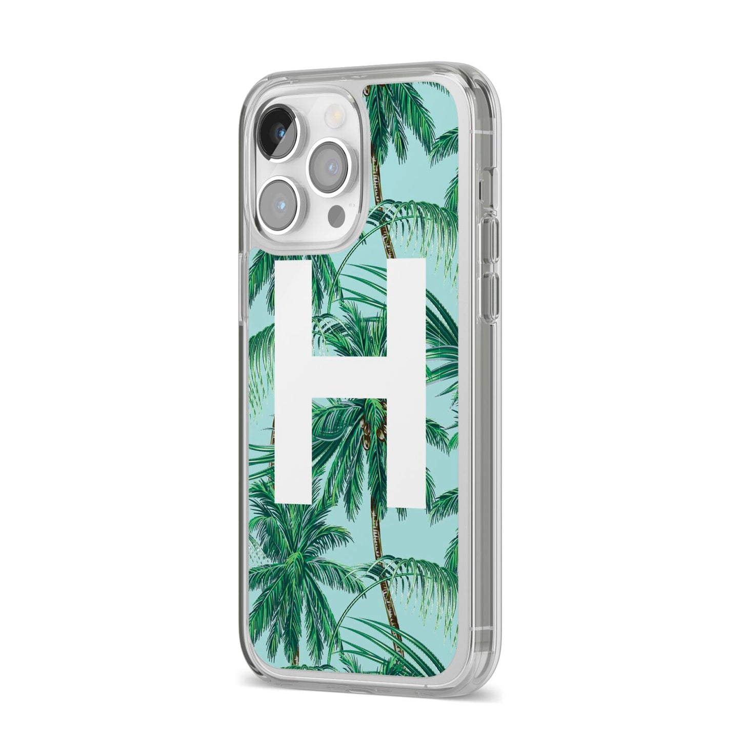 Personalised Palm Tree Tropical iPhone 14 Pro Max Clear Tough Case Silver Angled Image