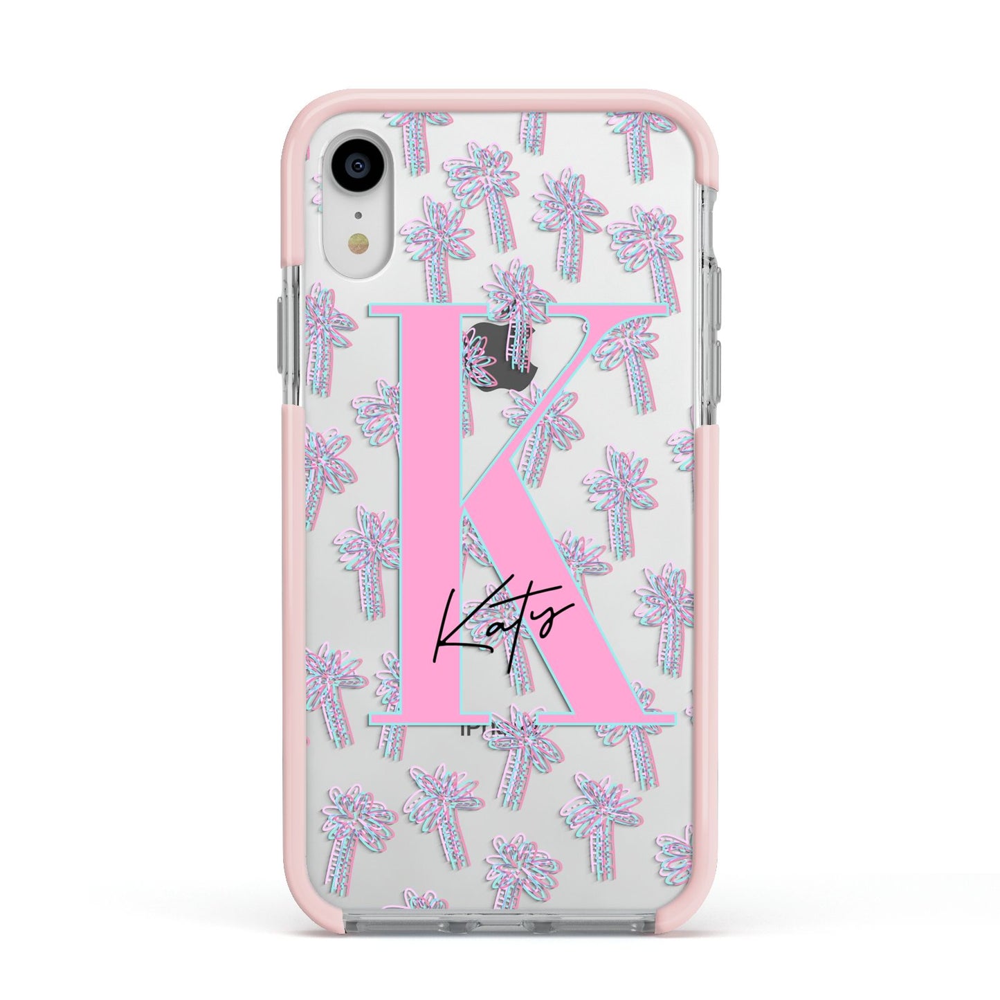 Personalised Palms Apple iPhone XR Impact Case Pink Edge on Silver Phone