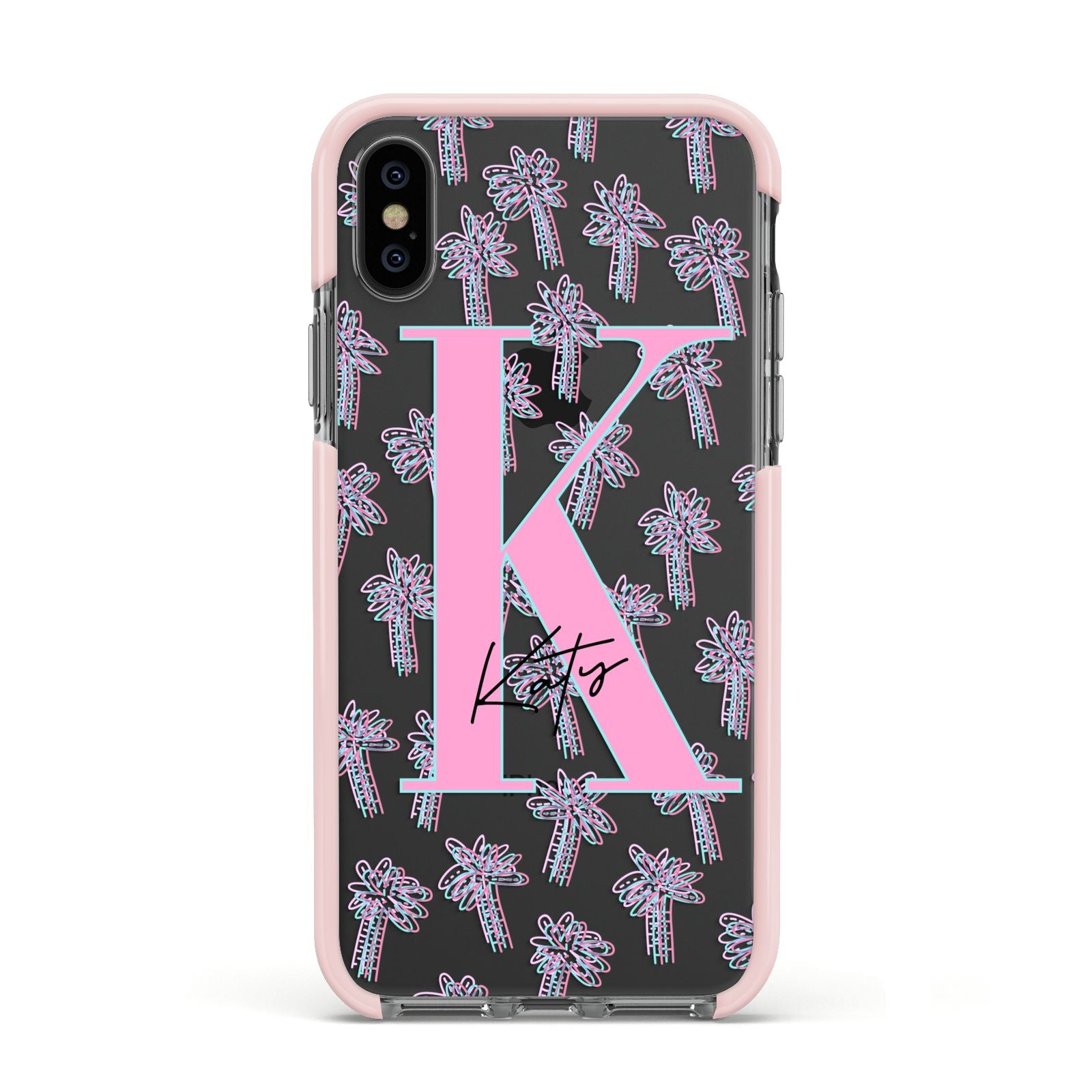 Personalised Palms Apple iPhone Xs Impact Case Pink Edge on Black Phone