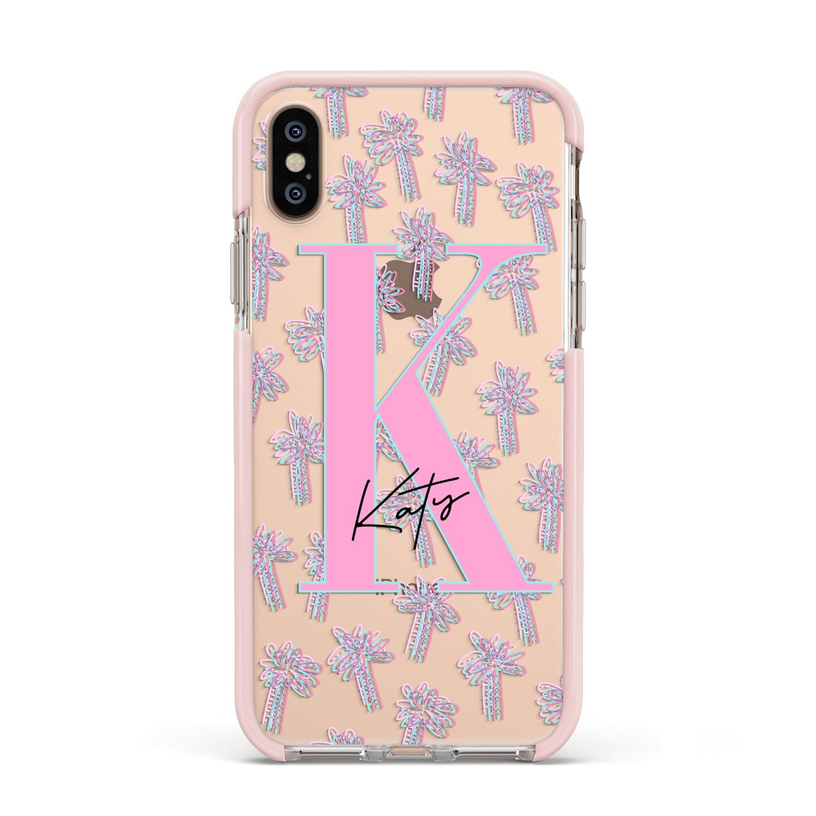 Personalised Palms Apple iPhone Xs Impact Case Pink Edge on Gold Phone