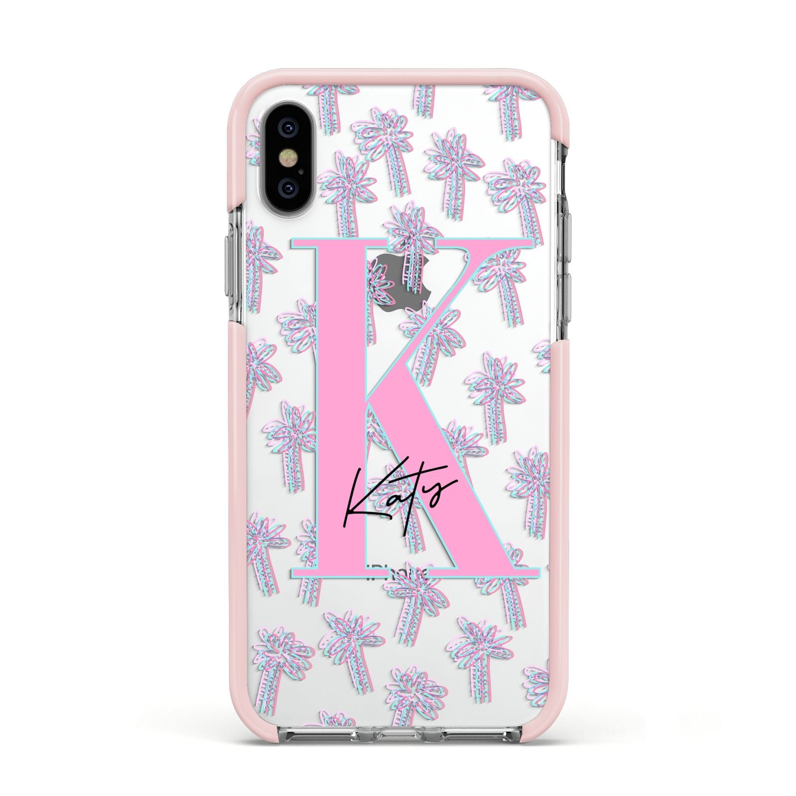 Personalised Palms Apple iPhone Xs Impact Case Pink Edge on Silver Phone