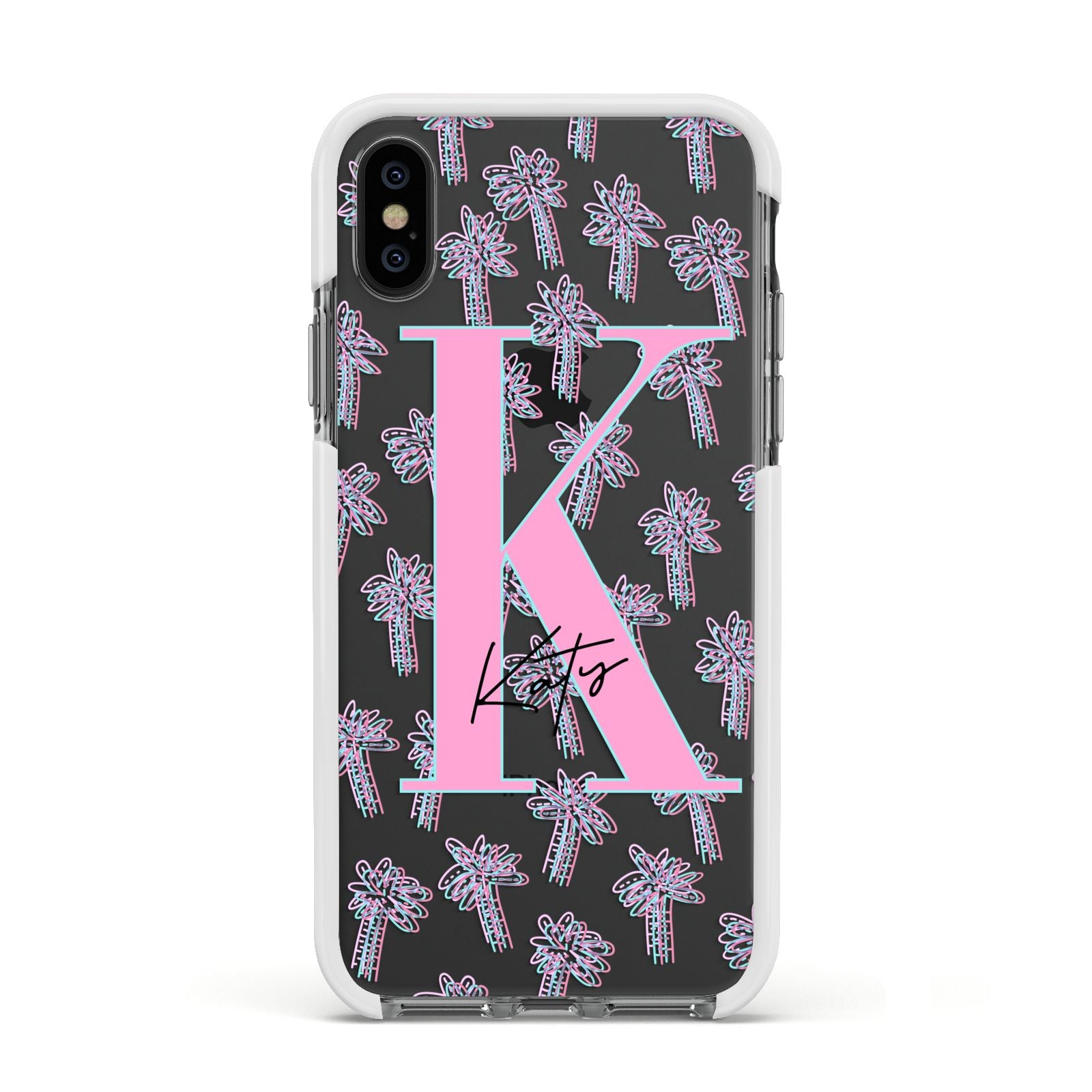 Personalised Palms Apple iPhone Xs Impact Case White Edge on Black Phone