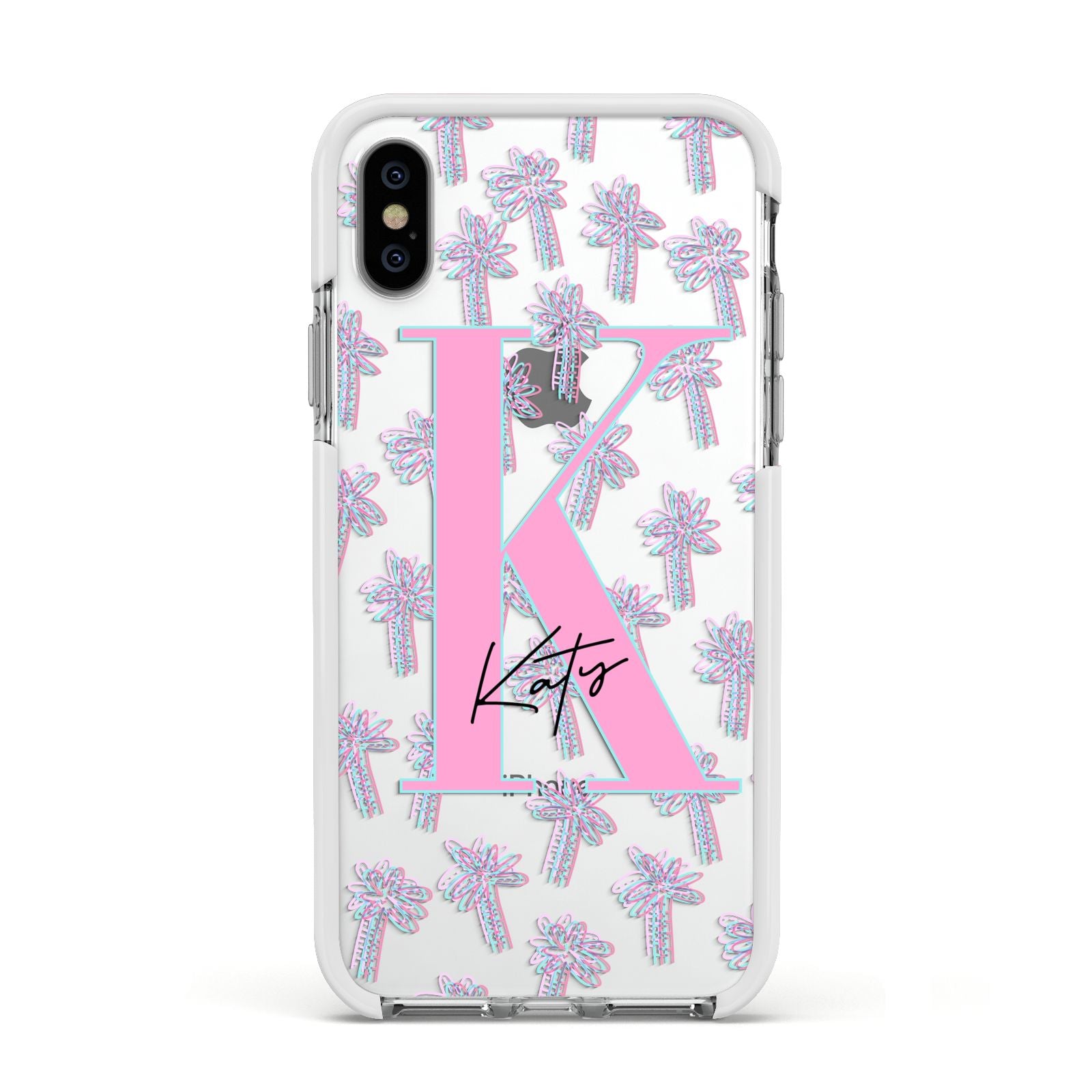 Personalised Palms Apple iPhone Xs Impact Case White Edge on Silver Phone