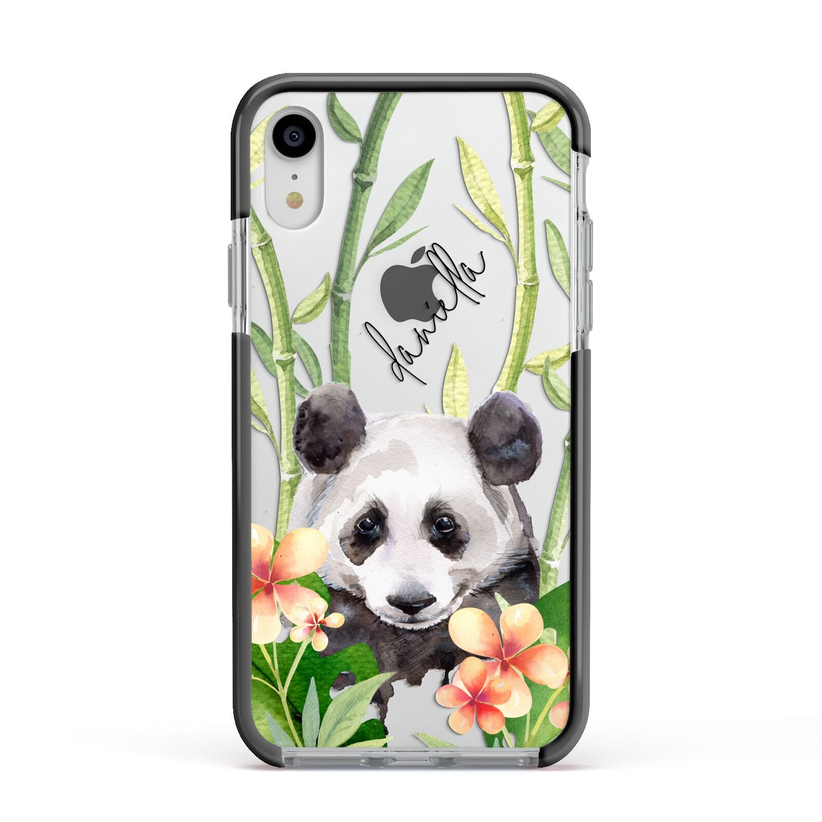 Personalised Panda Apple iPhone XR Impact Case Black Edge on Silver Phone