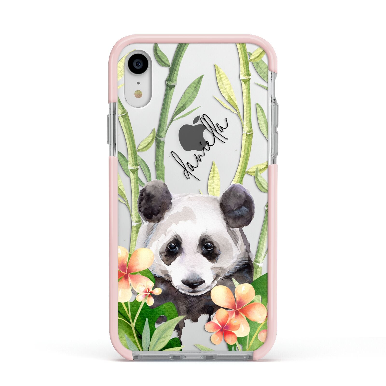 Personalised Panda Apple iPhone XR Impact Case Pink Edge on Silver Phone