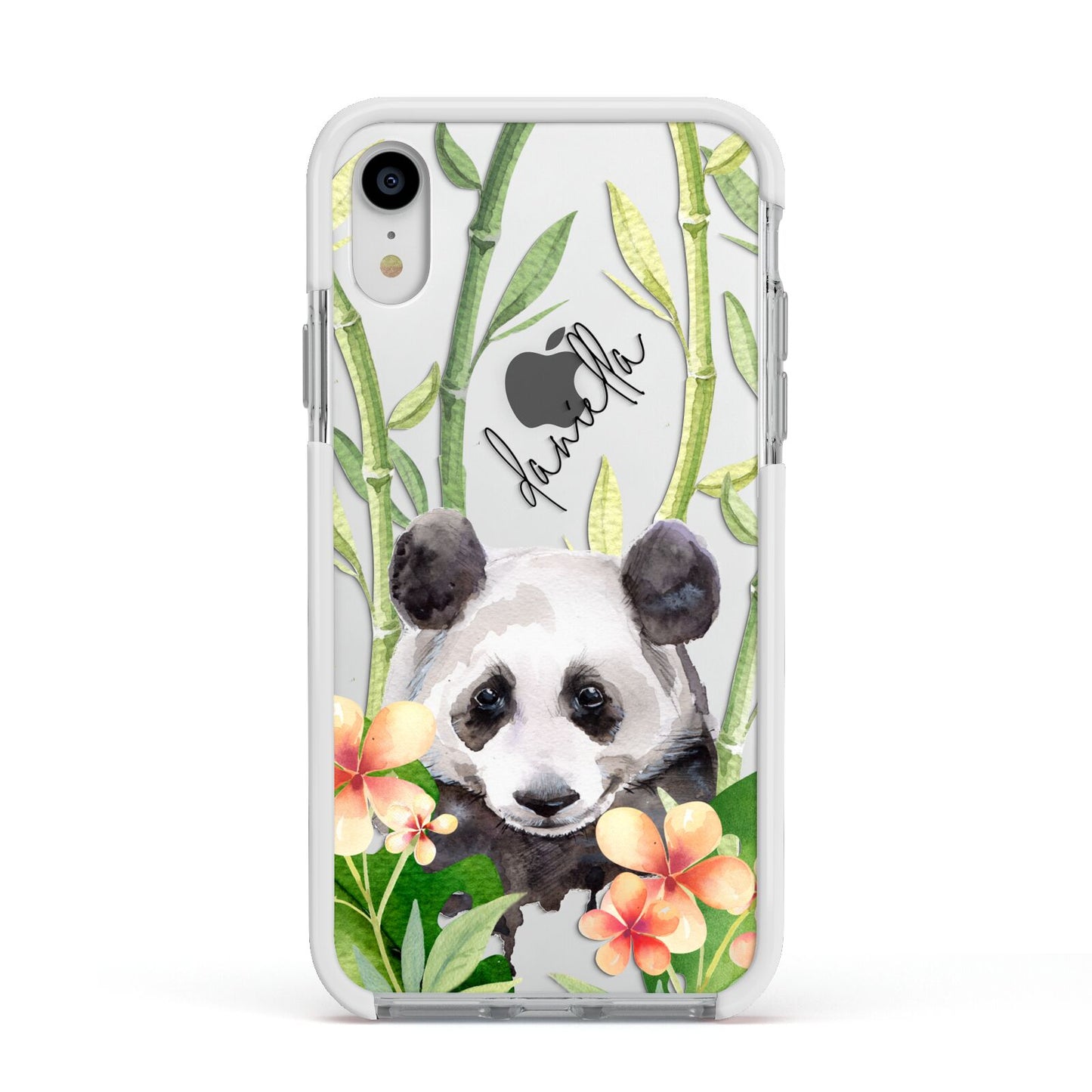 Personalised Panda Apple iPhone XR Impact Case White Edge on Silver Phone