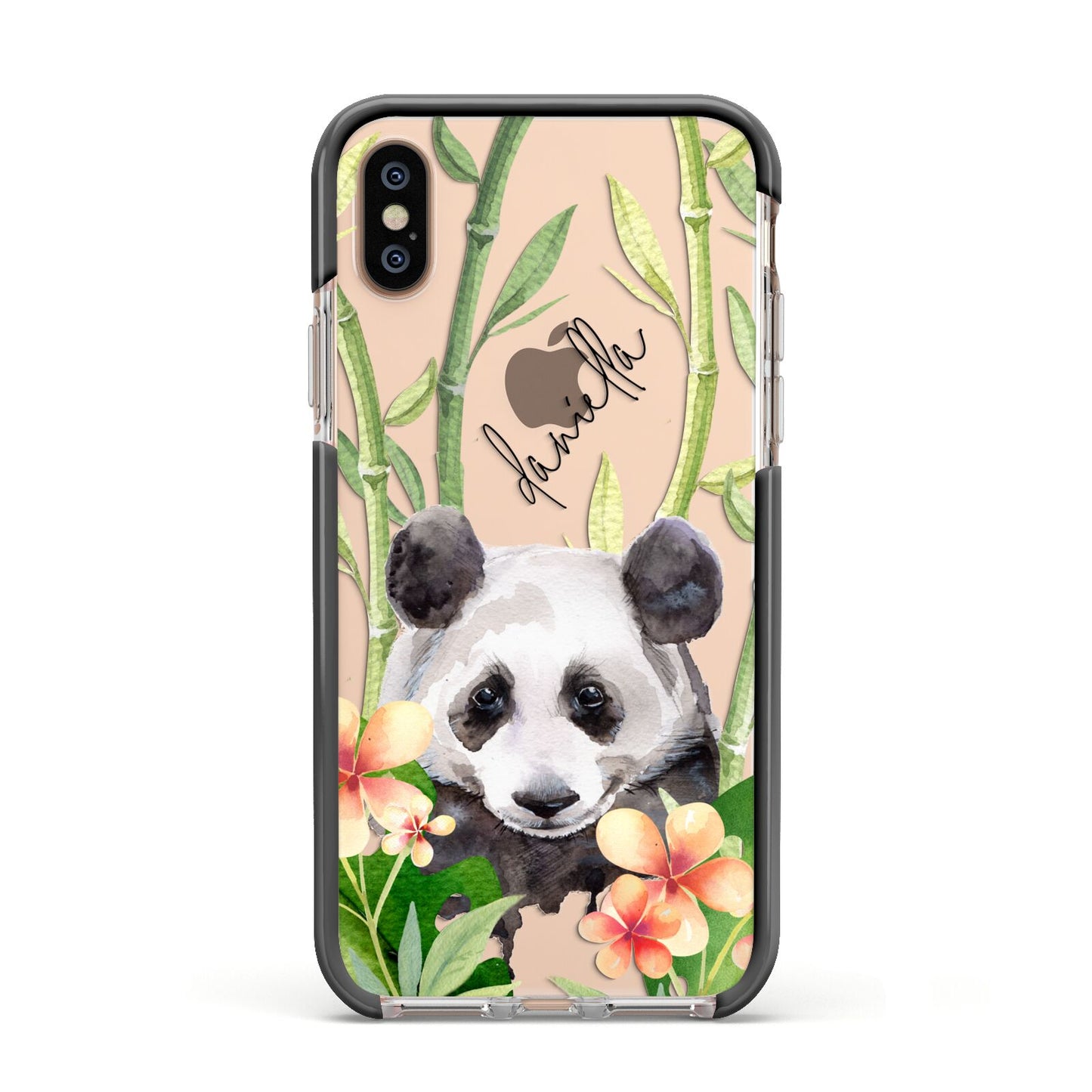 Personalised Panda Apple iPhone Xs Impact Case Black Edge on Gold Phone