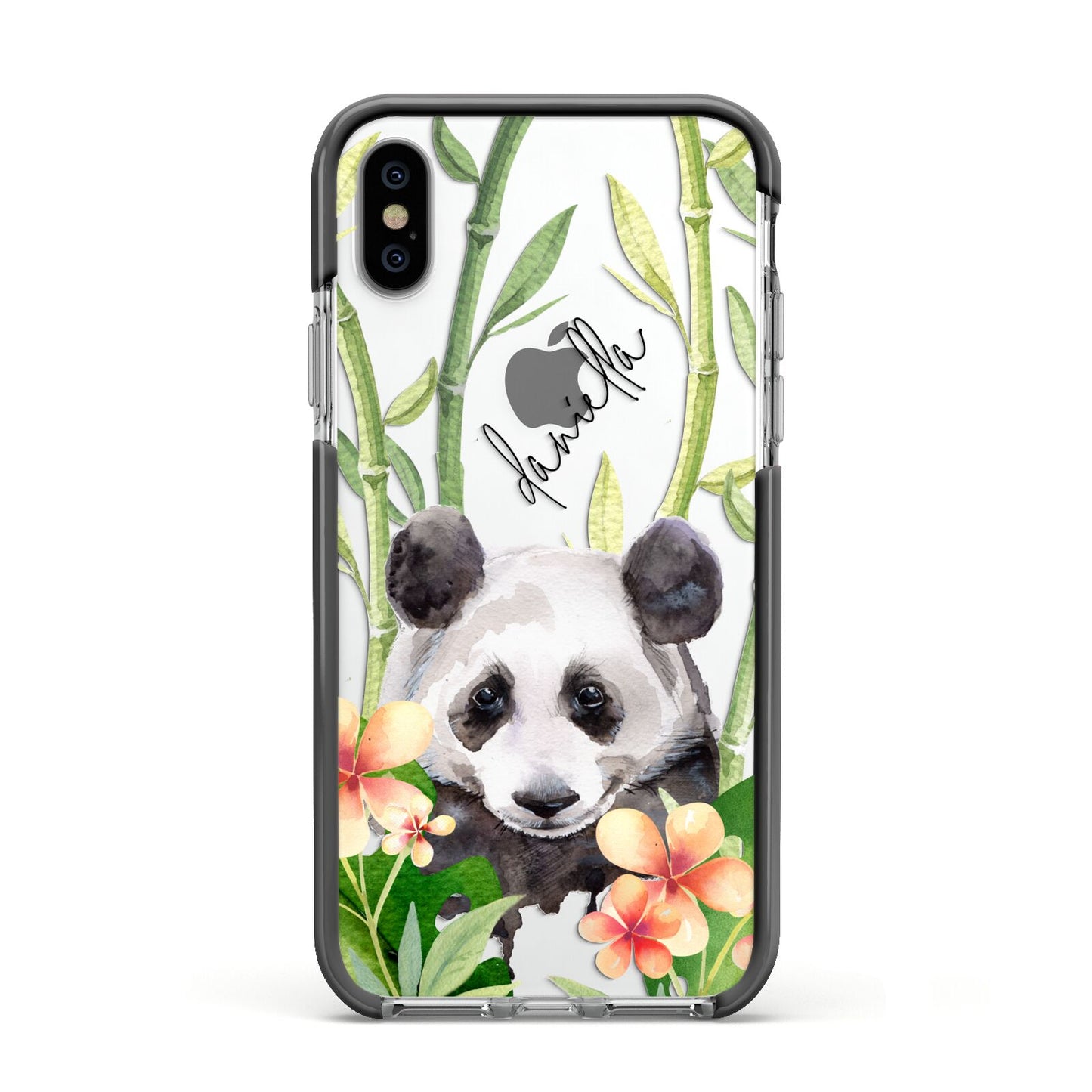 Personalised Panda Apple iPhone Xs Impact Case Black Edge on Silver Phone