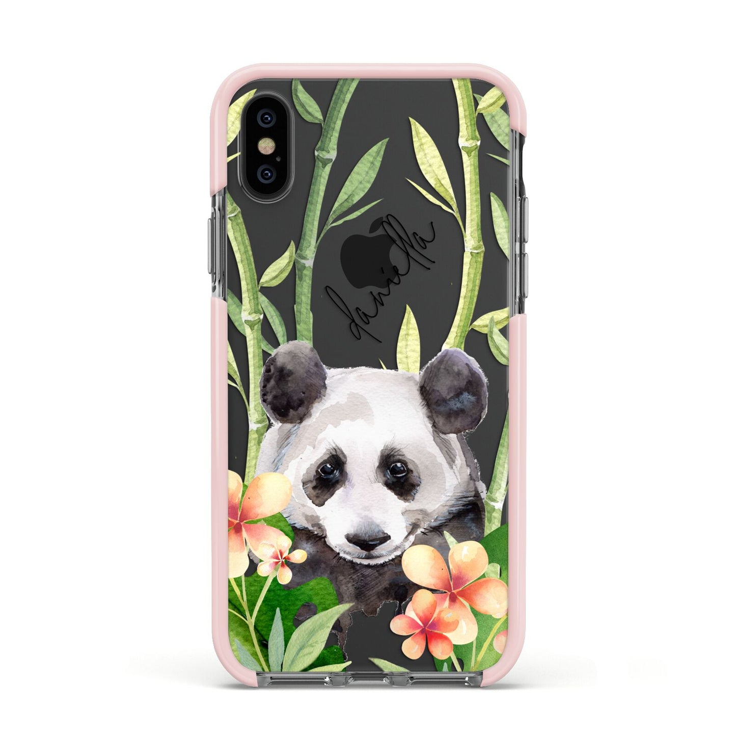 Personalised Panda Apple iPhone Xs Impact Case Pink Edge on Black Phone