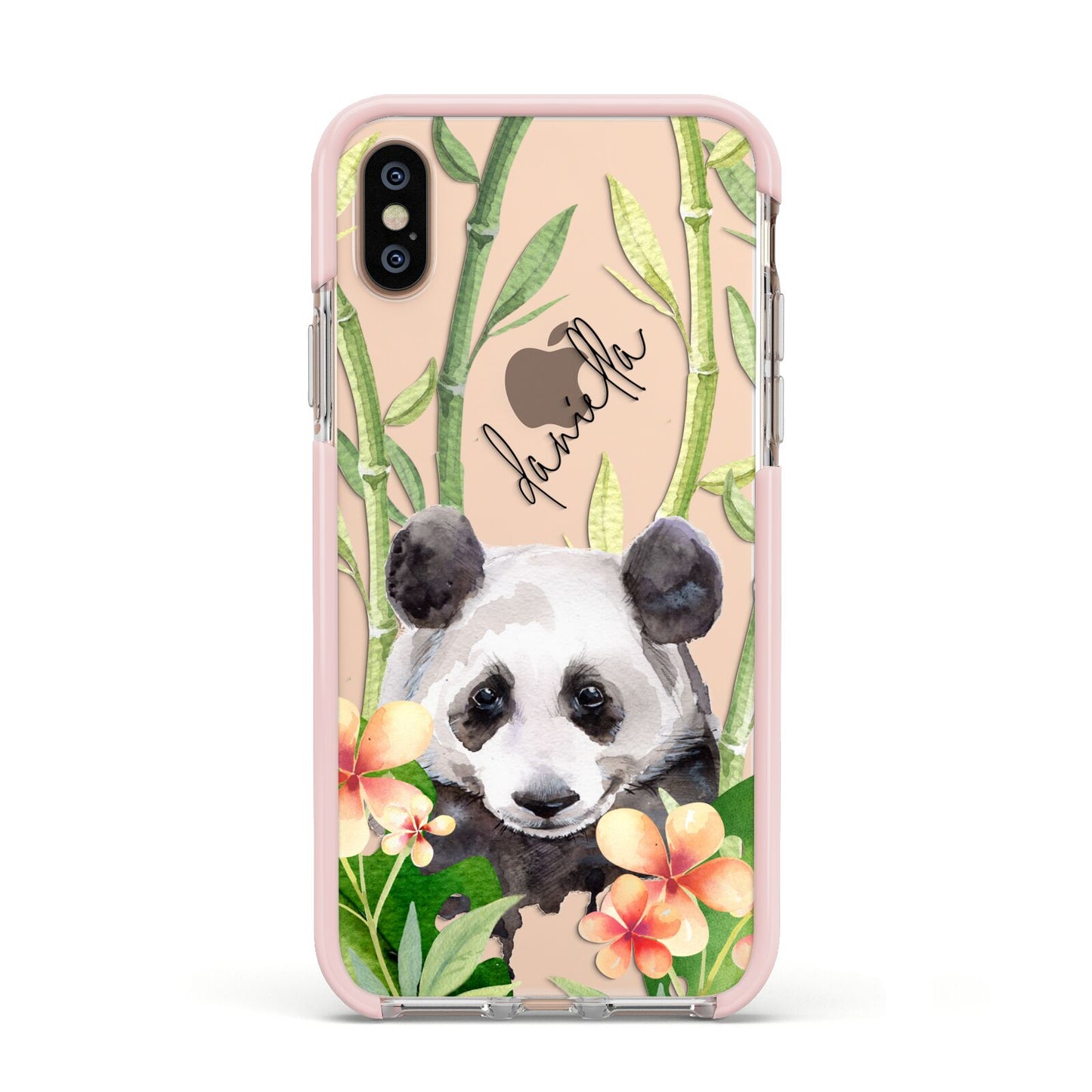 Personalised Panda Apple iPhone Xs Impact Case Pink Edge on Gold Phone