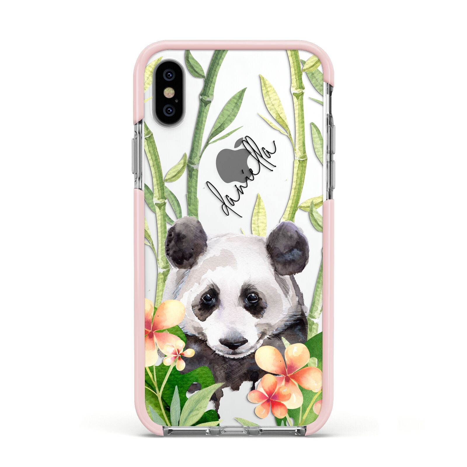 Personalised Panda Apple iPhone Xs Impact Case Pink Edge on Silver Phone