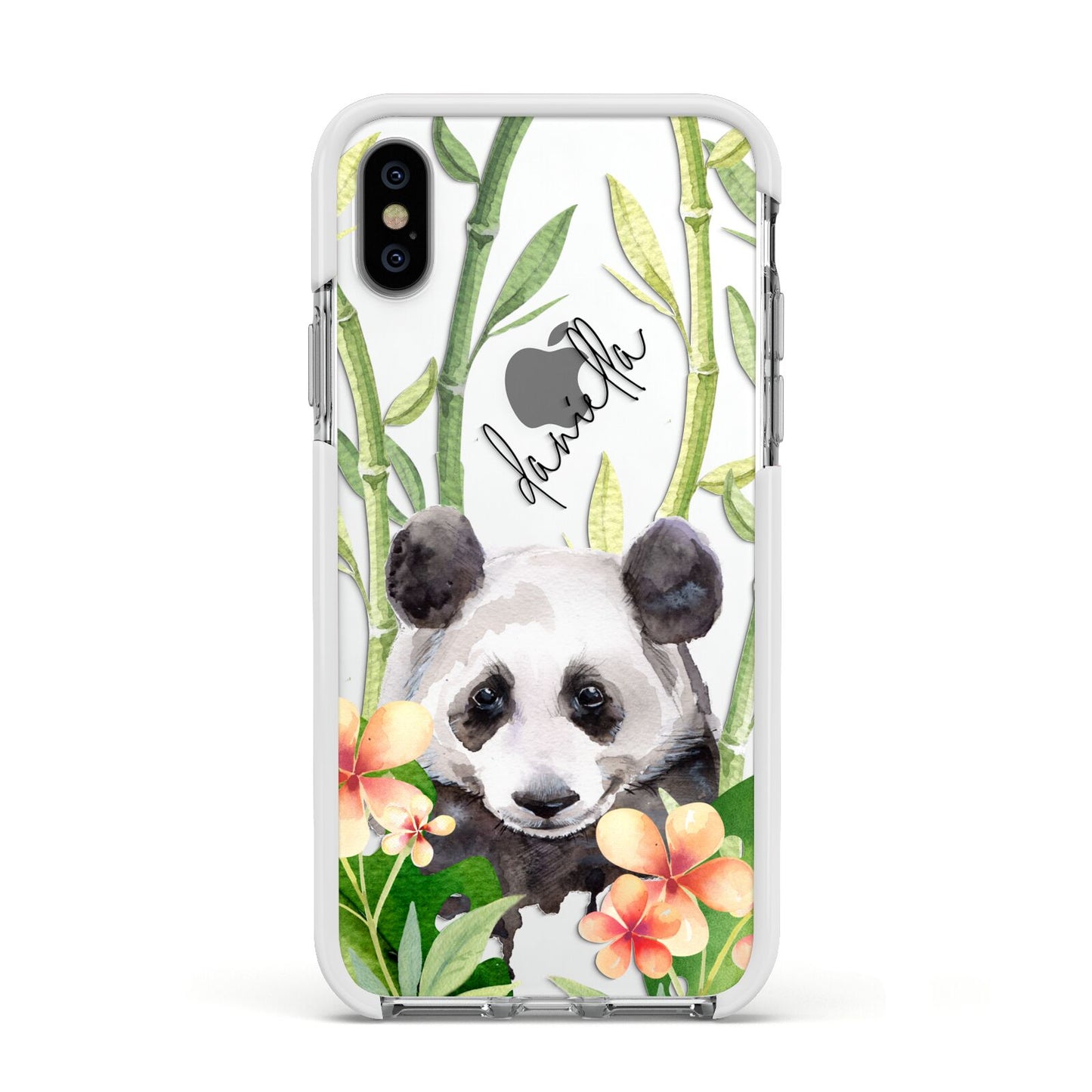 Personalised Panda Apple iPhone Xs Impact Case White Edge on Silver Phone