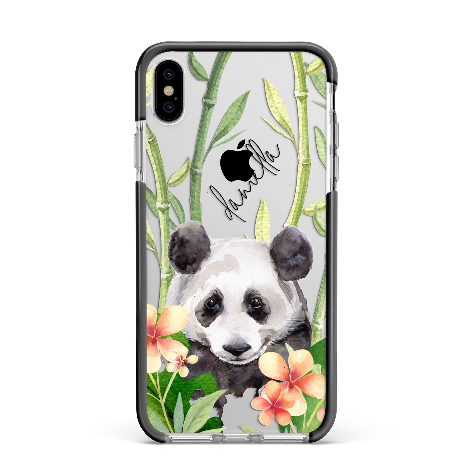 Personalised Panda Apple iPhone Xs Max Impact Case Black Edge on Silver Phone