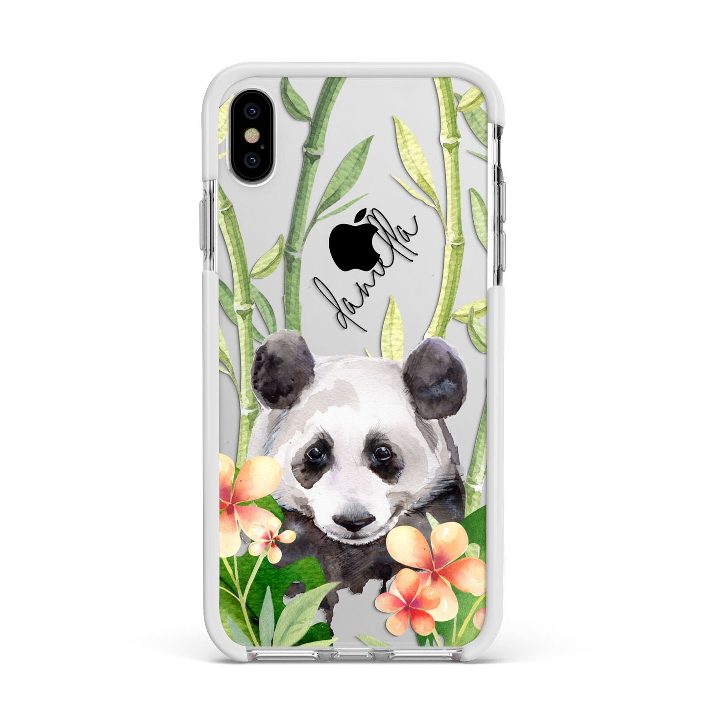 Personalised Panda Apple iPhone Xs Max Impact Case White Edge on Silver Phone