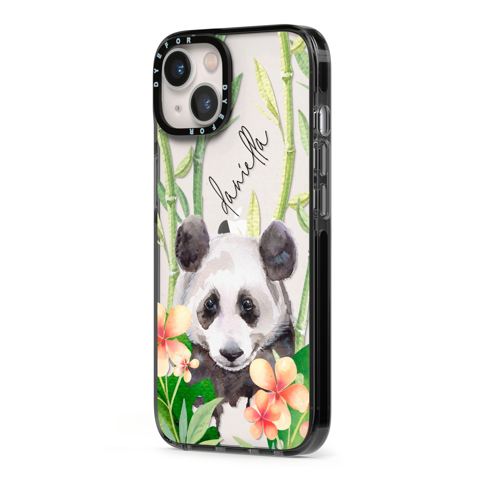 Personalised Panda iPhone 13 Black Impact Case Side Angle on Silver phone