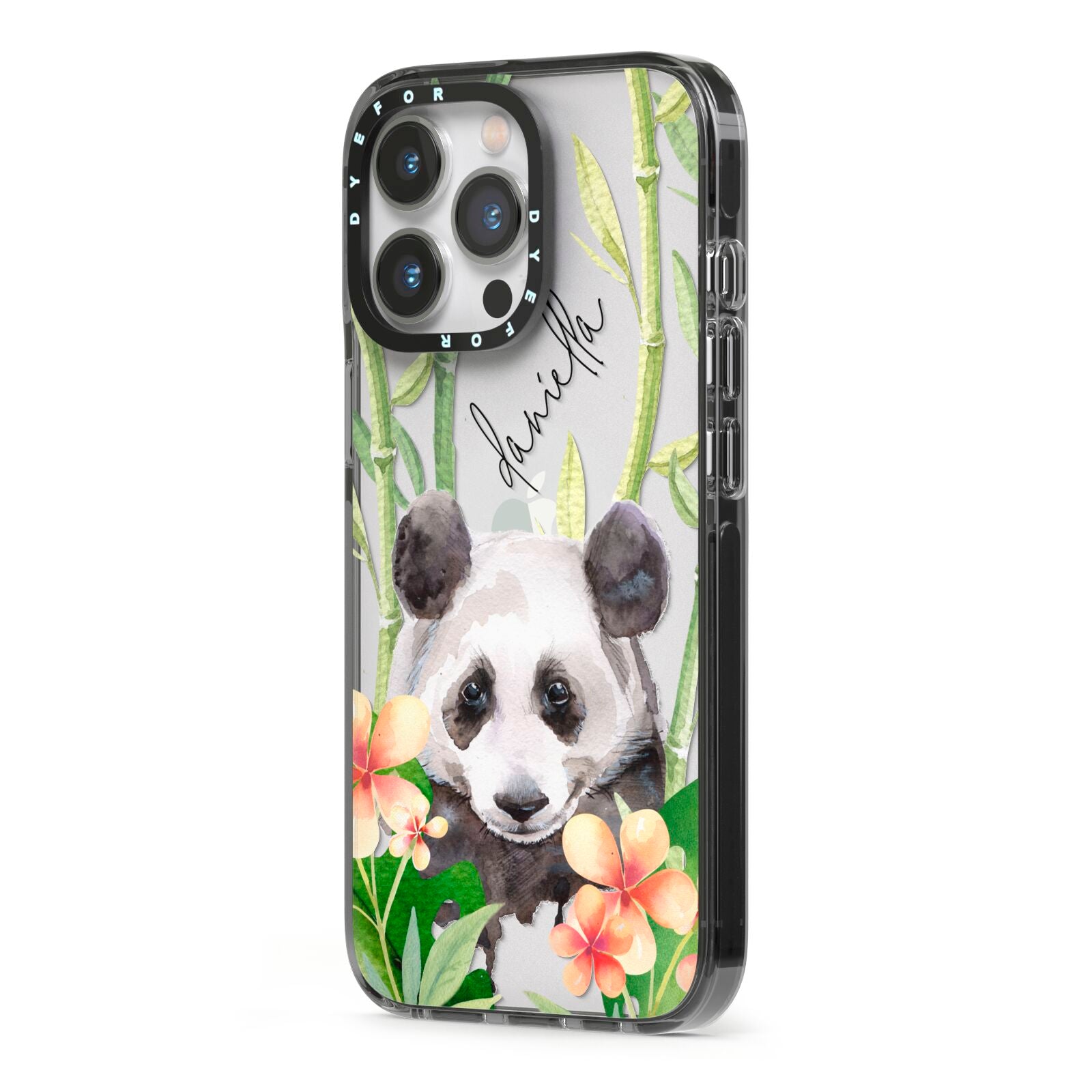 Personalised Panda iPhone 13 Pro Black Impact Case Side Angle on Silver phone