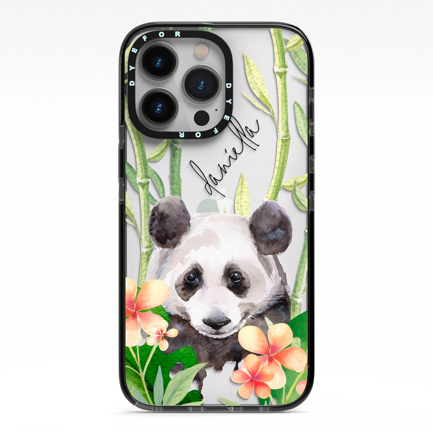 Personalised Panda iPhone 13 Pro Black Impact Case on Silver phone