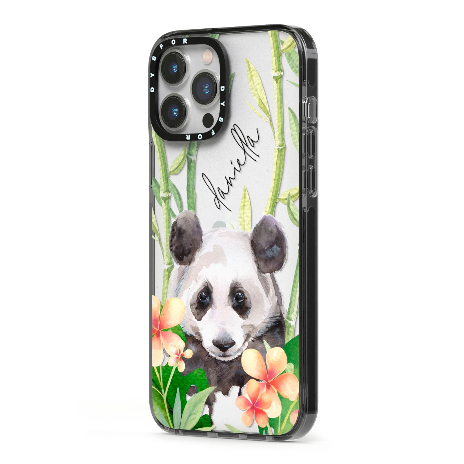 Personalised Panda iPhone 13 Pro Max Black Impact Case Side Angle on Silver phone