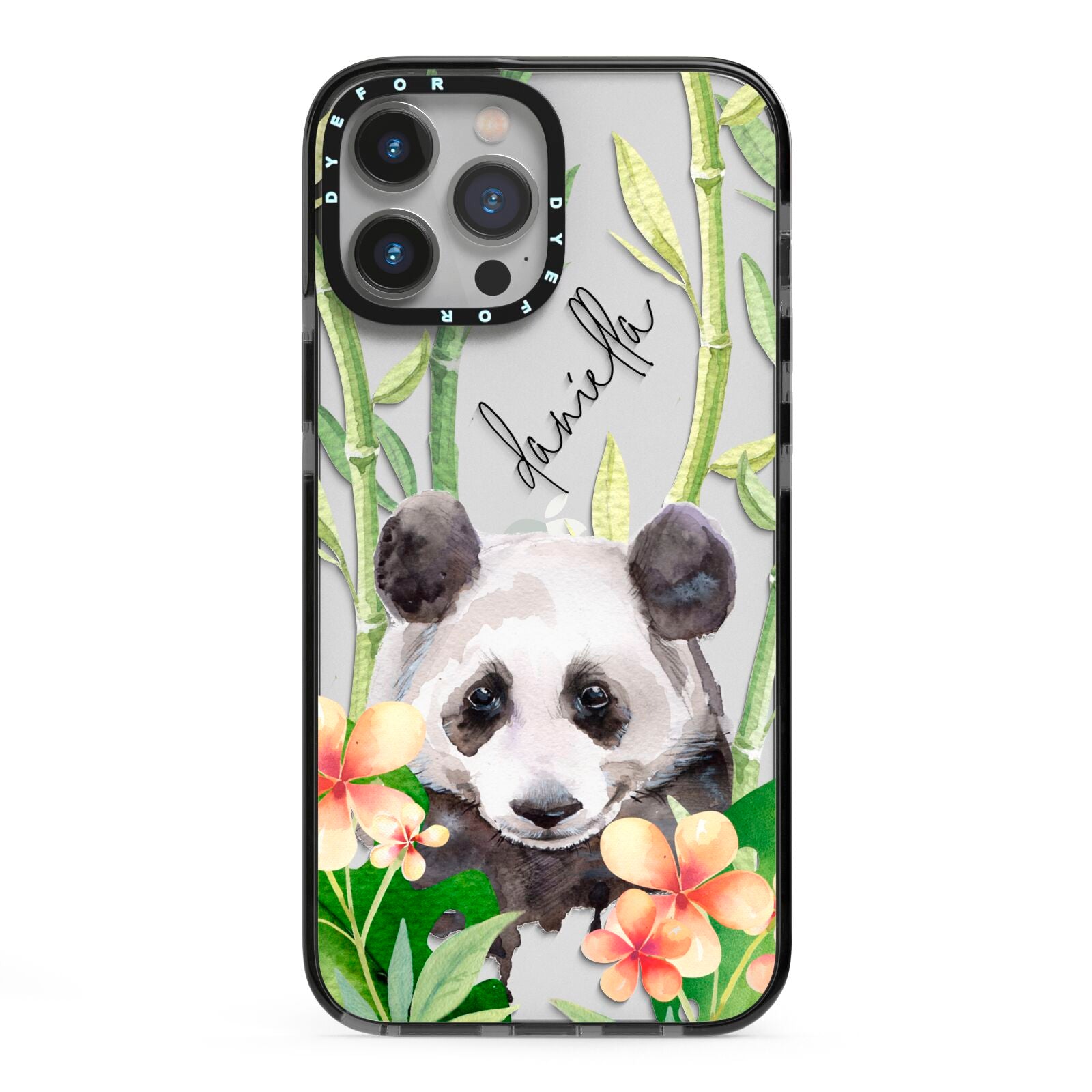 Personalised Panda iPhone 13 Pro Max Black Impact Case on Silver phone