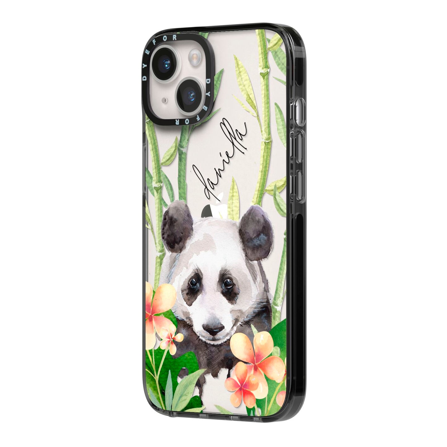 Personalised Panda iPhone 14 Black Impact Case Side Angle on Silver phone