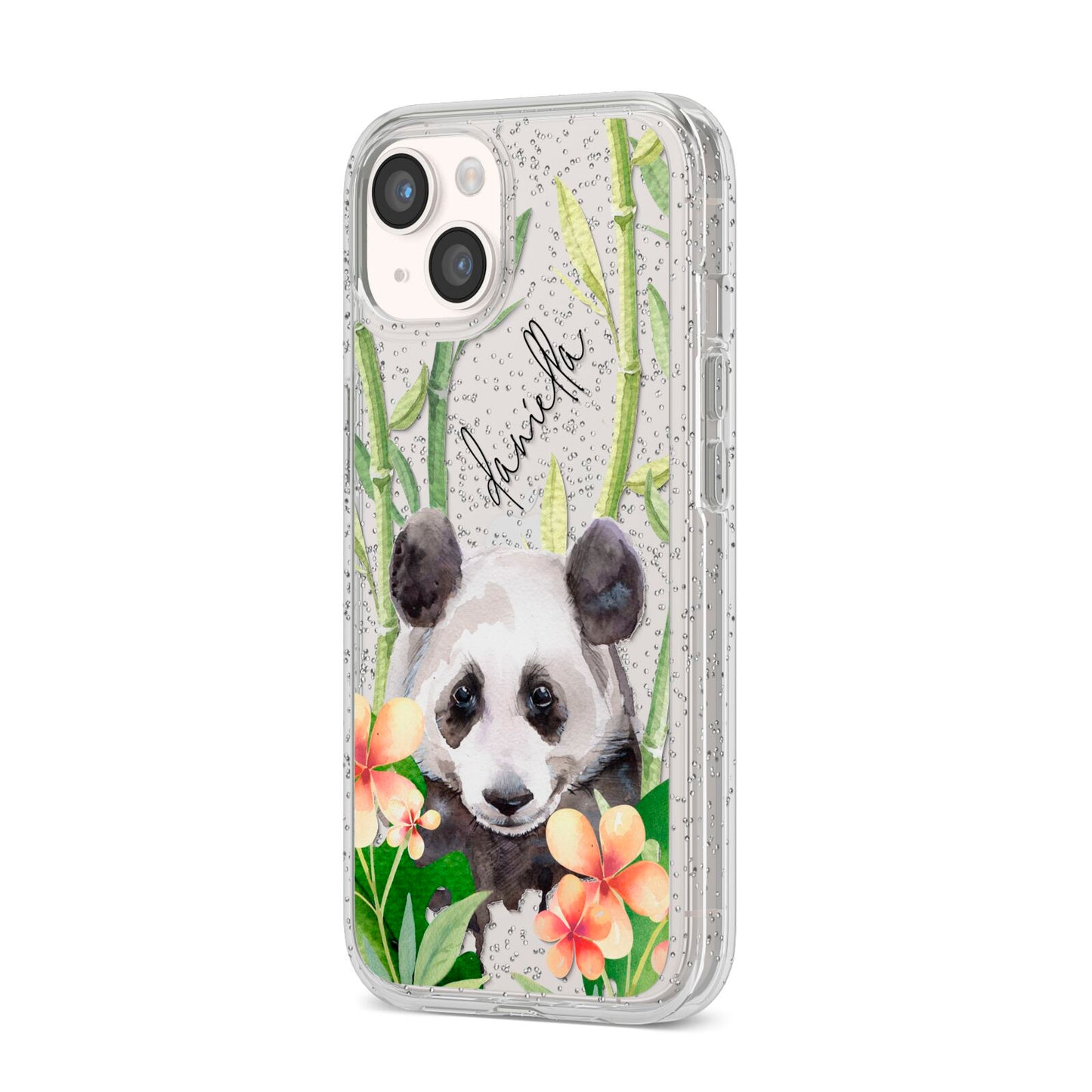 Personalised Panda iPhone 14 Glitter Tough Case Starlight Angled Image