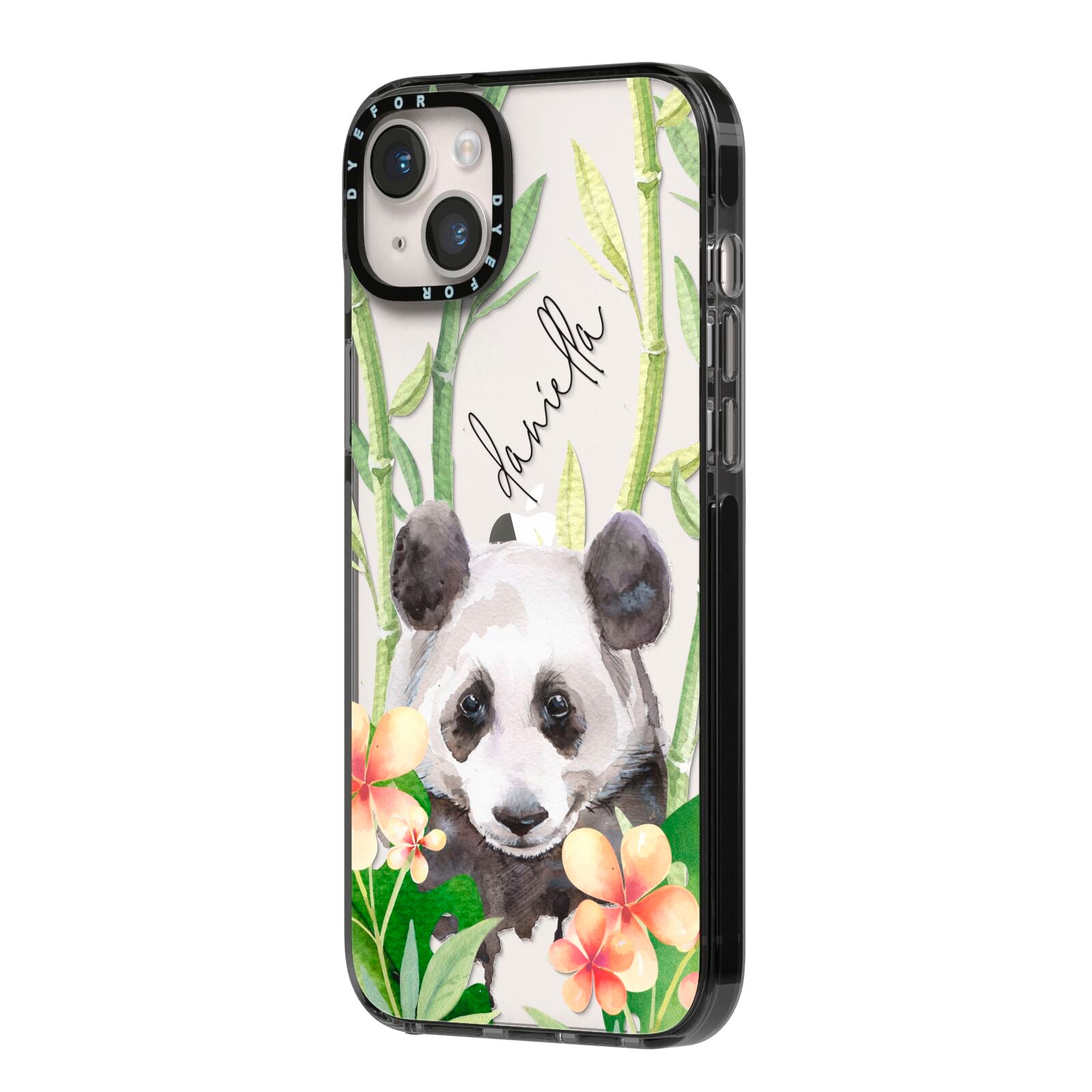 Personalised Panda iPhone 14 Plus Black Impact Case Side Angle on Silver phone