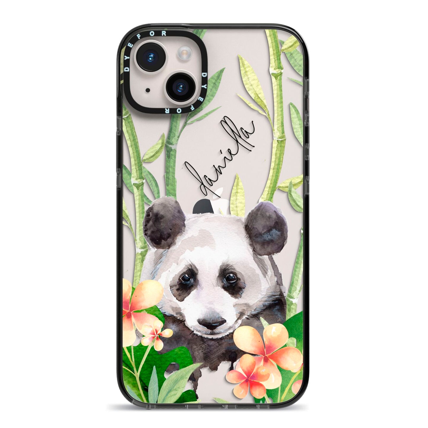 Personalised Panda iPhone 14 Plus Black Impact Case on Silver phone