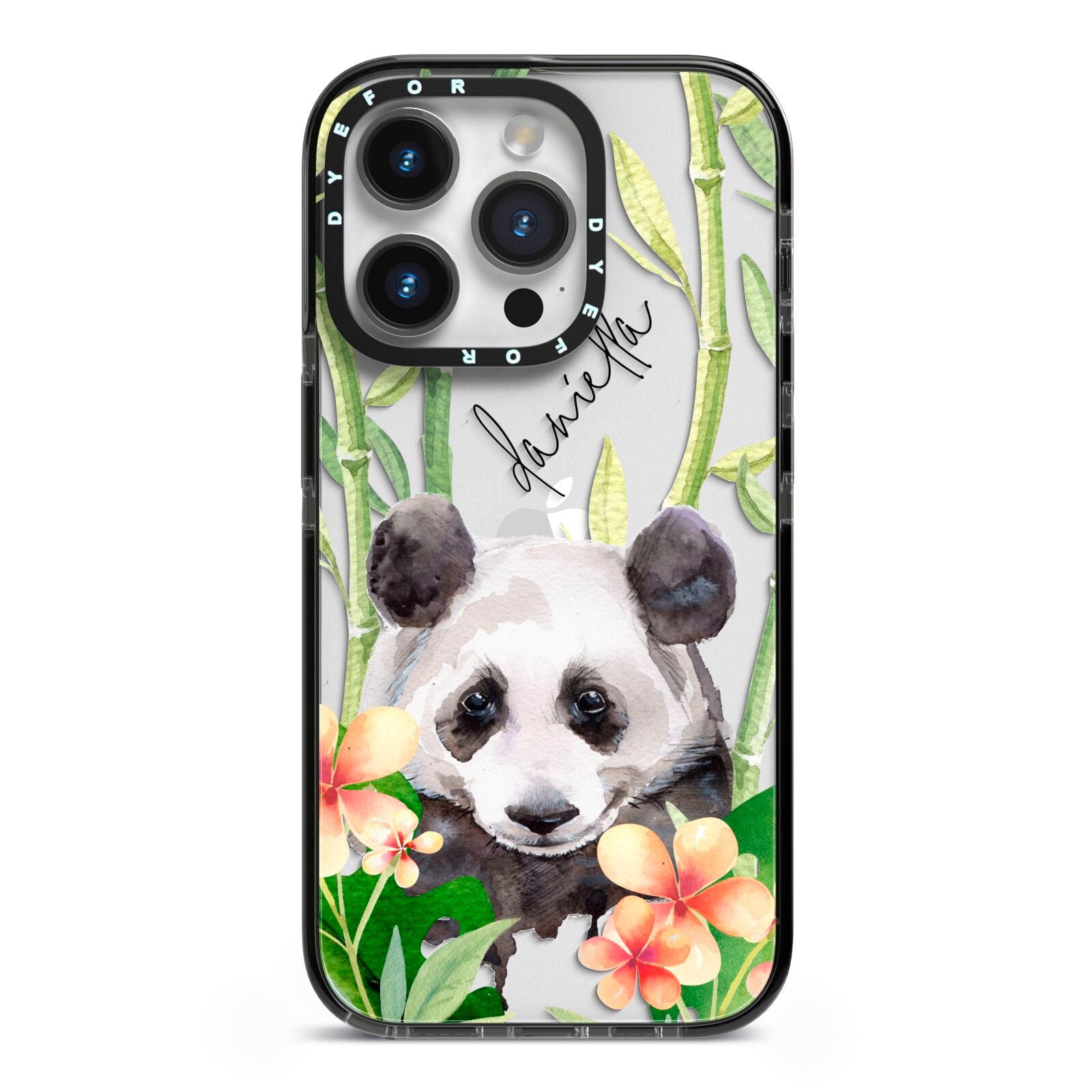 Personalised Panda iPhone 14 Pro Black Impact Case on Silver phone