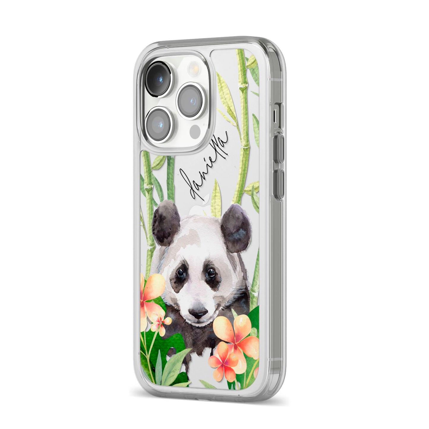 Personalised Panda iPhone 14 Pro Clear Tough Case Silver Angled Image