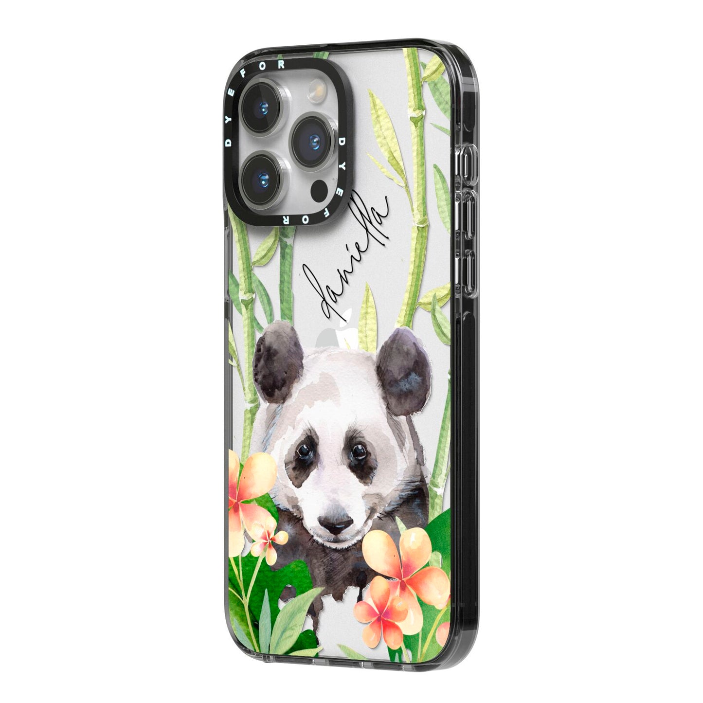 Personalised Panda iPhone 14 Pro Max Black Impact Case Side Angle on Silver phone